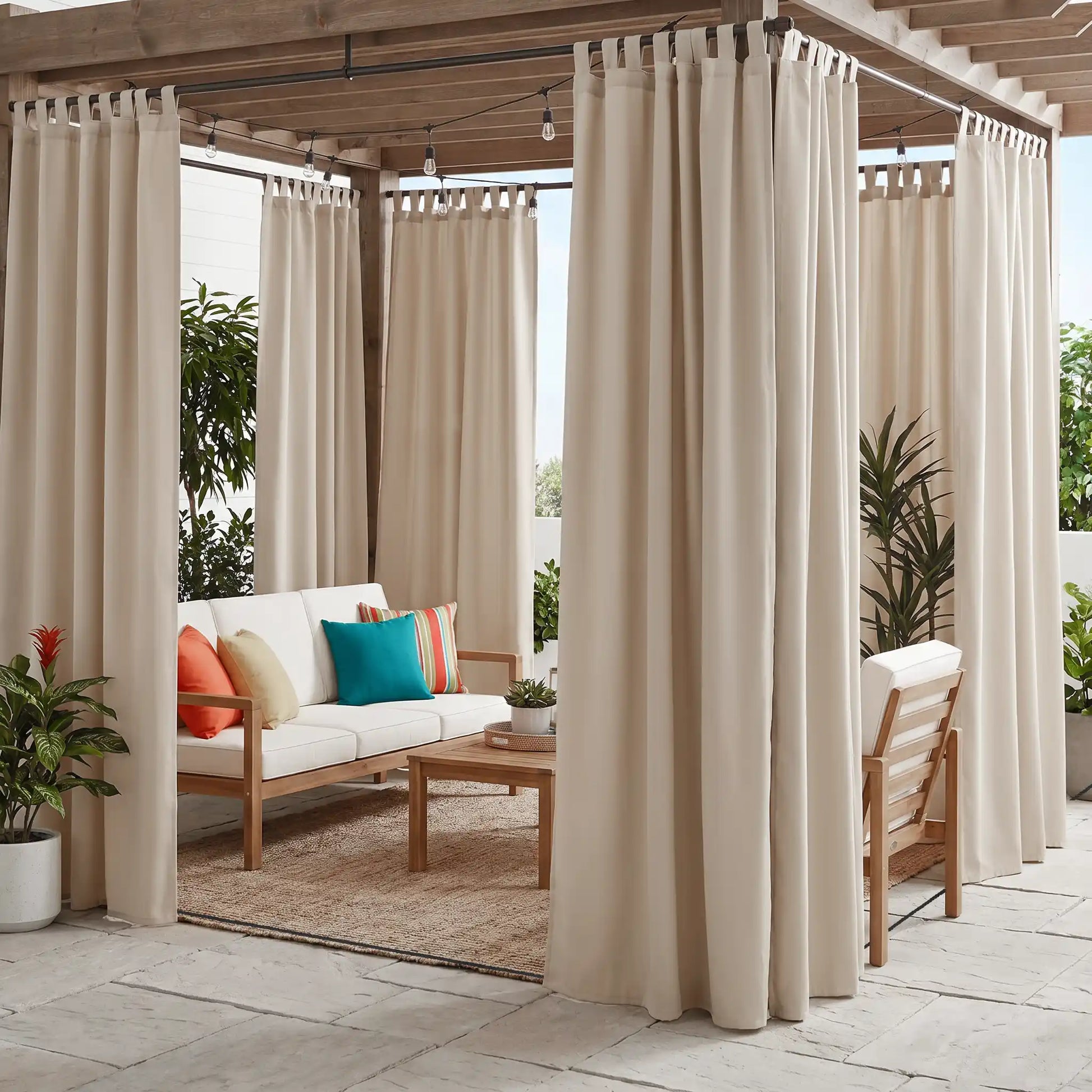 Windproof and waterproof outdoor curtain with tab top and ropes, designed for outdoor weather protection by DWCN Official.