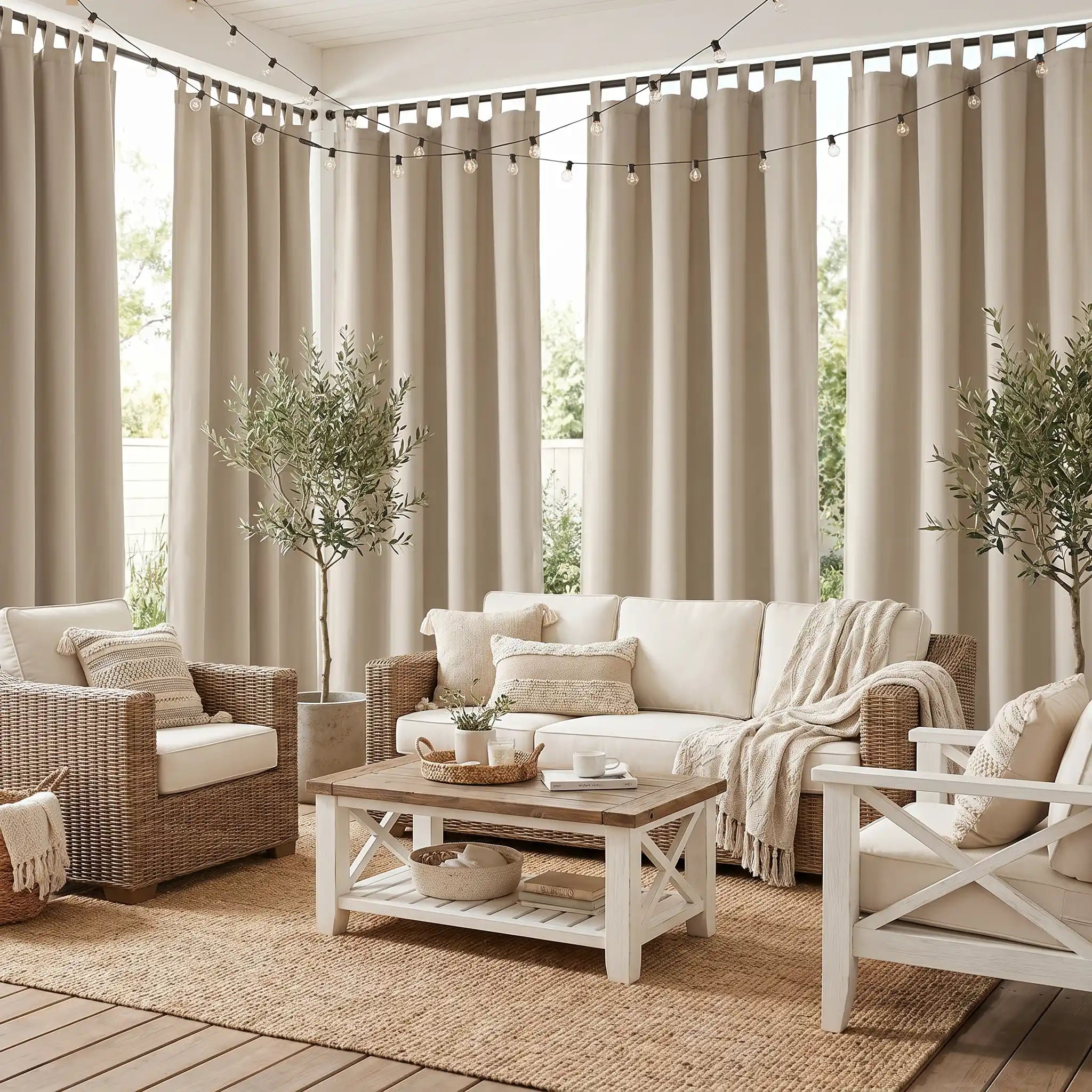 Outdoor curtains by DWCN Official featuring tab top and grommet bottom, windproof and waterproof fabric for outdoor use.