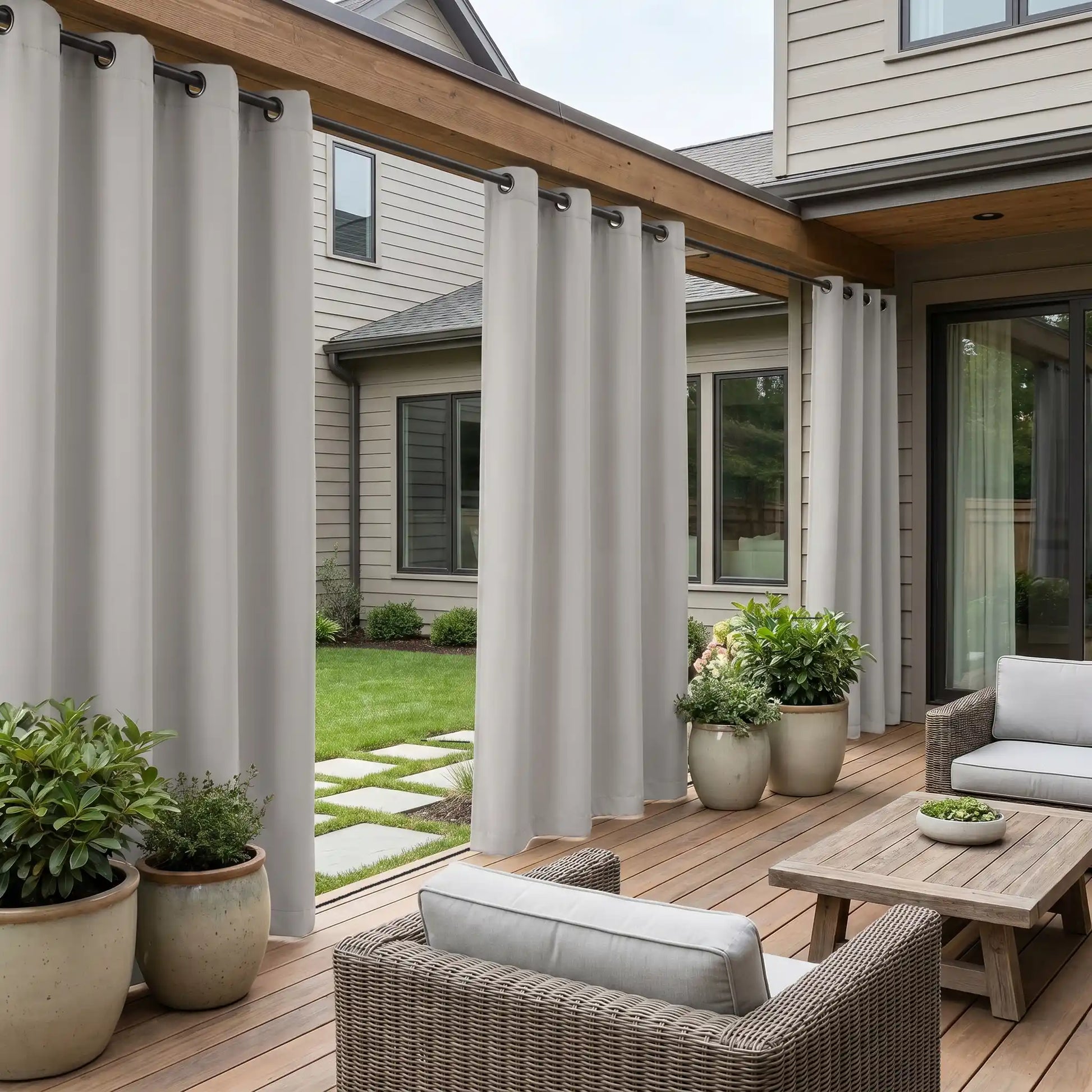 Outdoor curtain with grommet top and ropes, windproof and waterproof fabric by DWCN Official, ideal for patio or garden use.