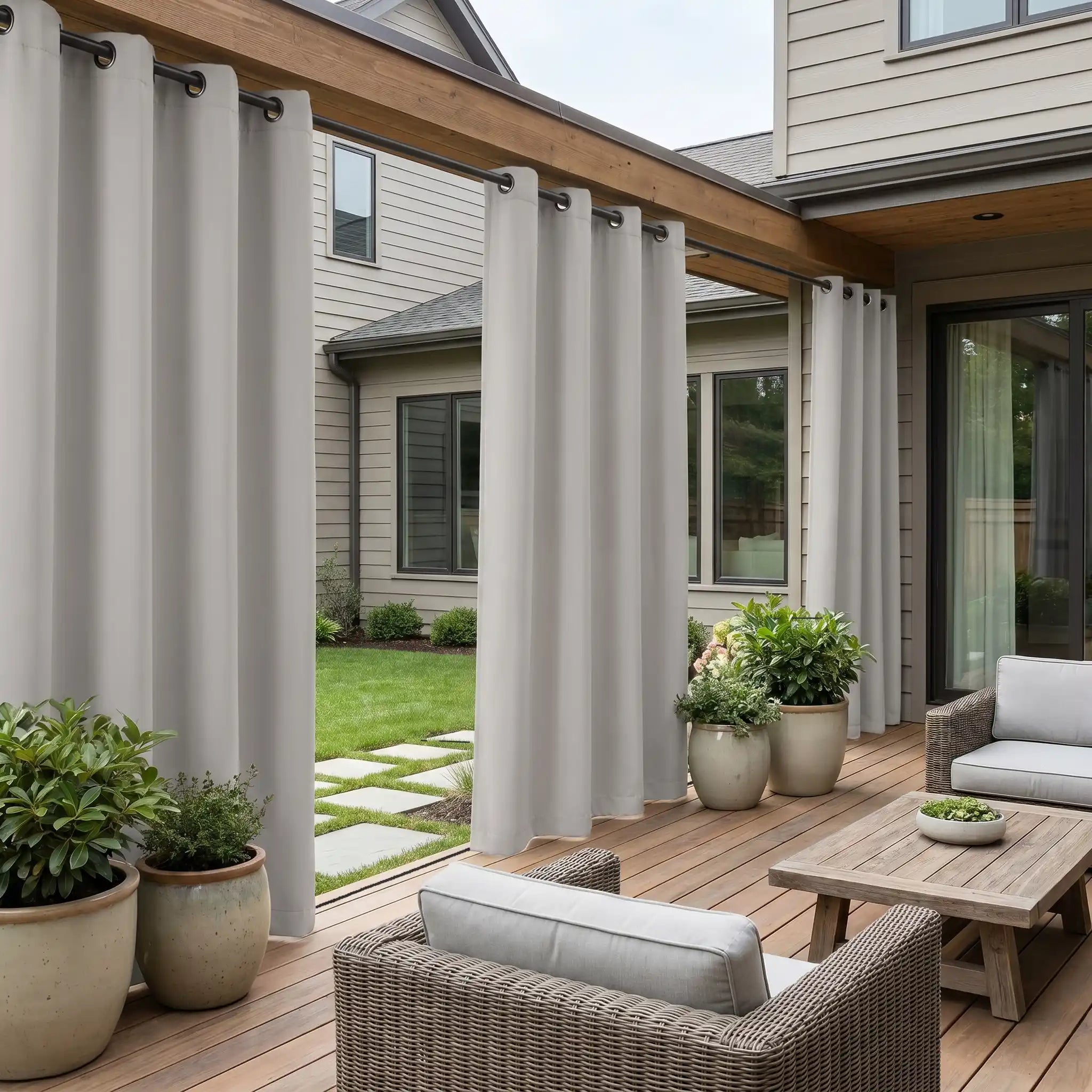 Outdoor curtain with grommet top and ropes, windproof and waterproof fabric by DWCN Official, ideal for patio or garden use.