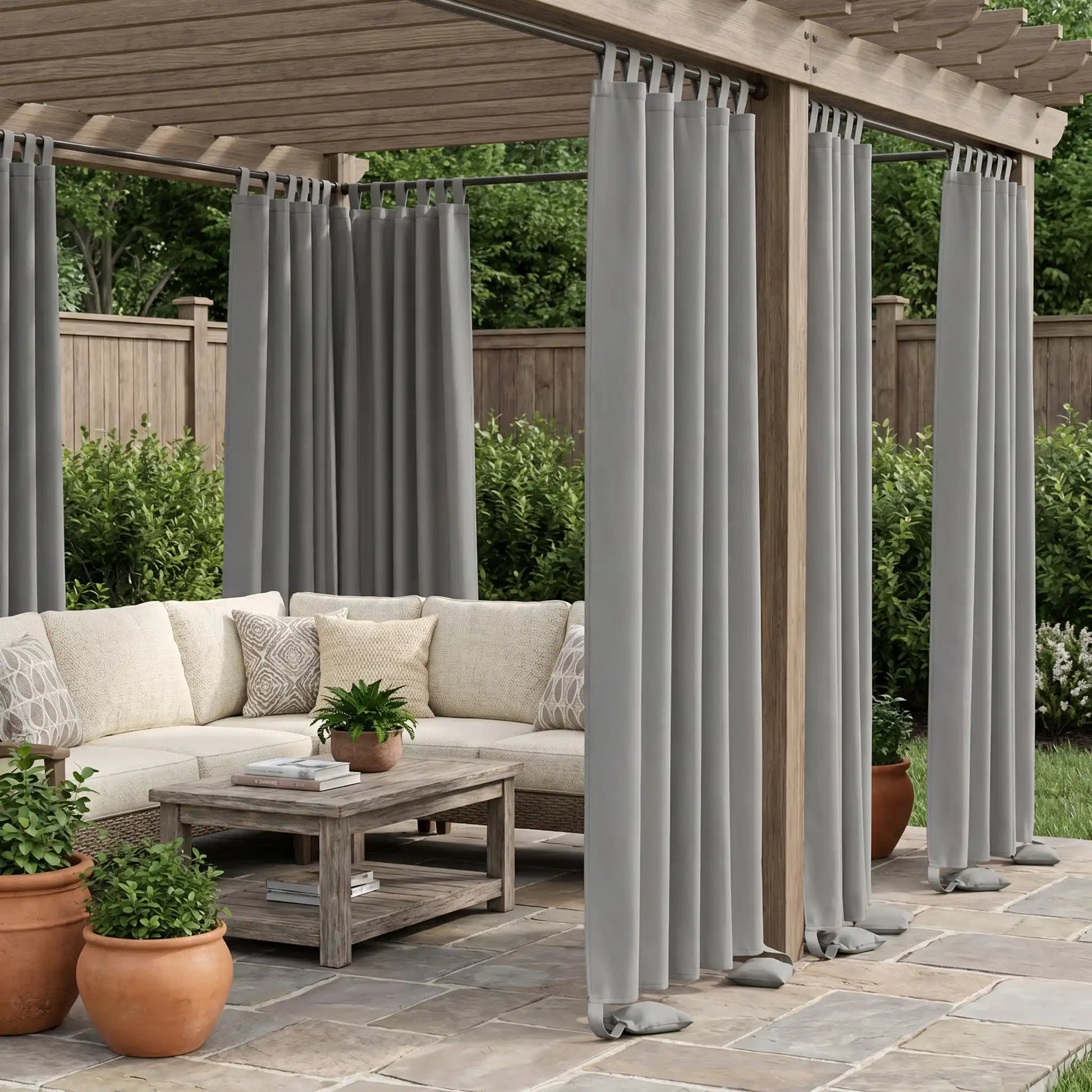 DWCN Official outdoor curtain with tab top and weighted bottom, windproof and waterproof fabric for outdoor weather protection.