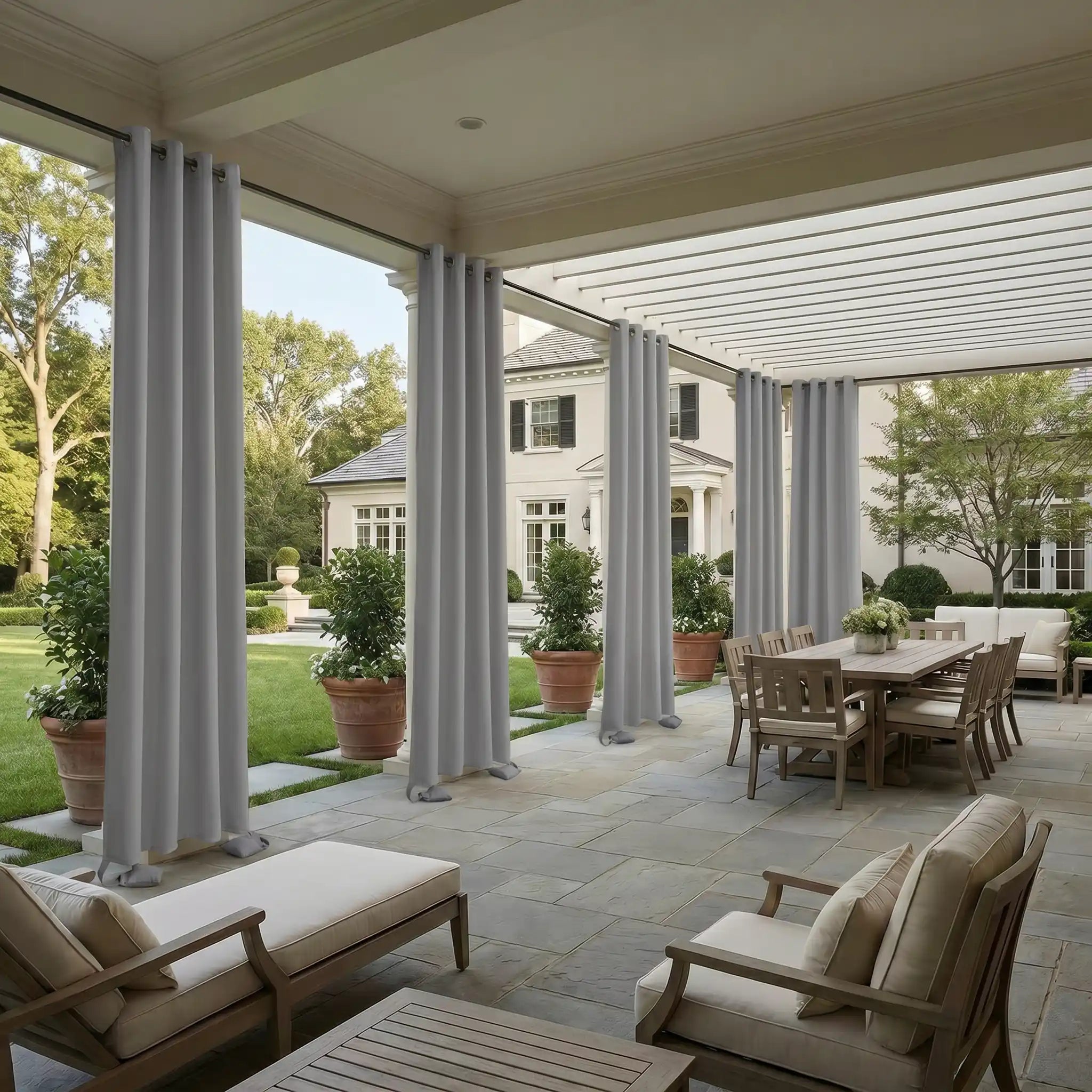 Outdoor waterproof curtain with grommet top and weighted bags bottom by DWCN Official, windproof and water-resistant fabric.