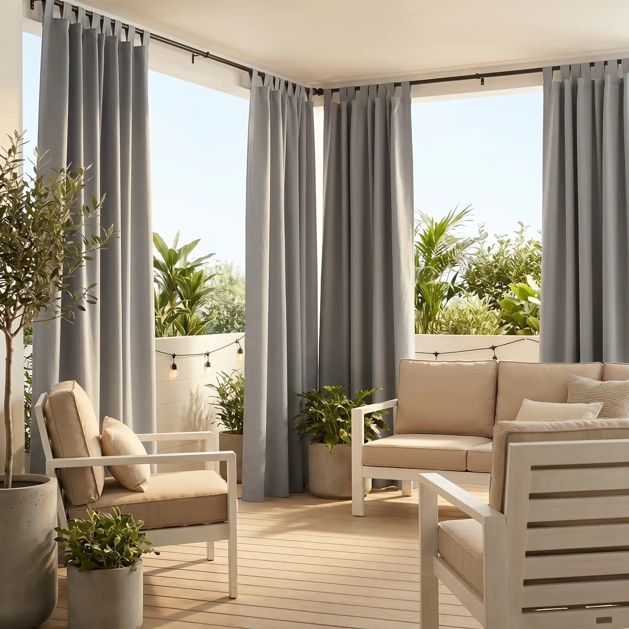 DWCN Official outdoor curtain with tab top and ropes, windproof and waterproof fabric for outdoor weather protection.