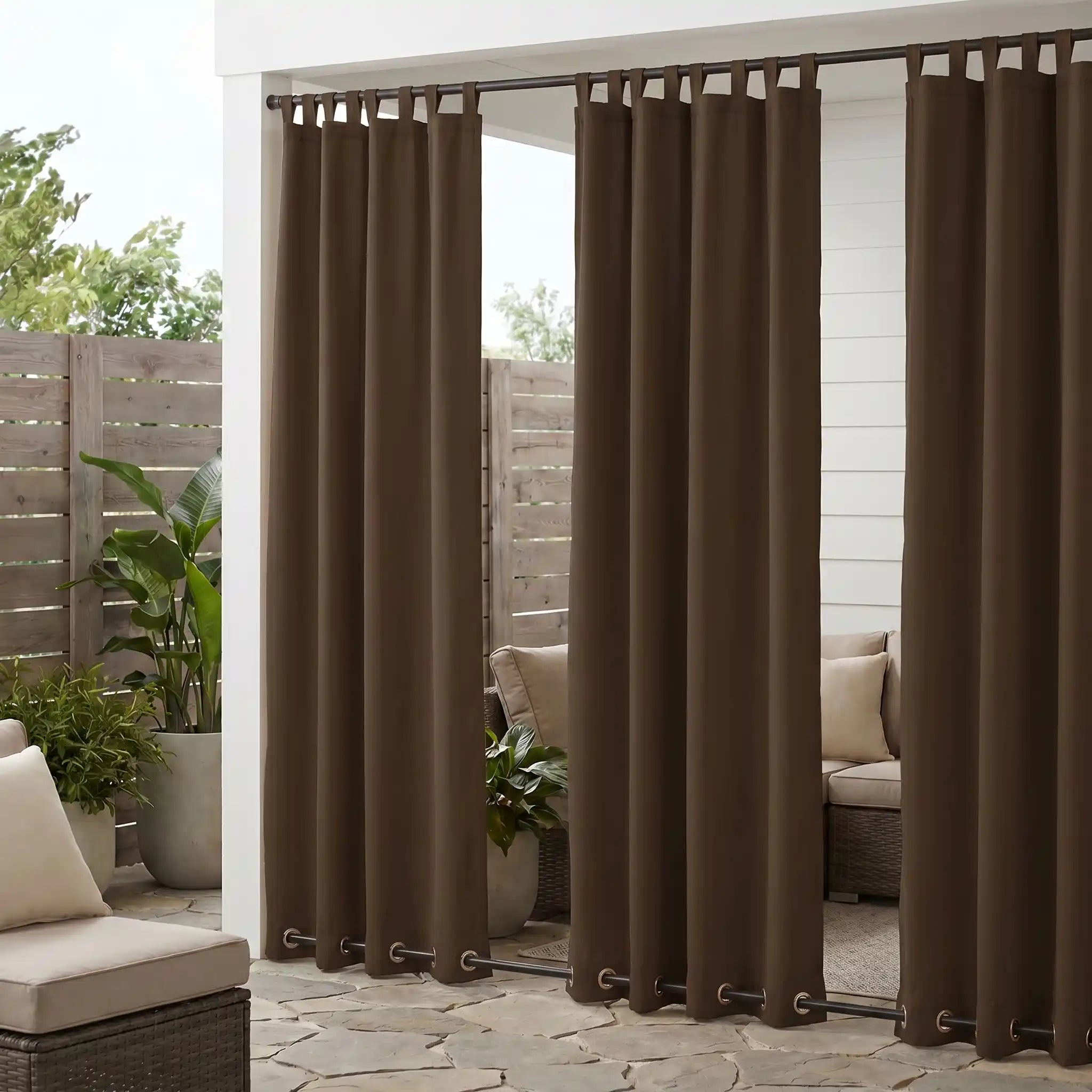 Outdoor waterproof curtains with tab top and grommet bottom, windproof design, in neutral fabric, by DWCN Official.