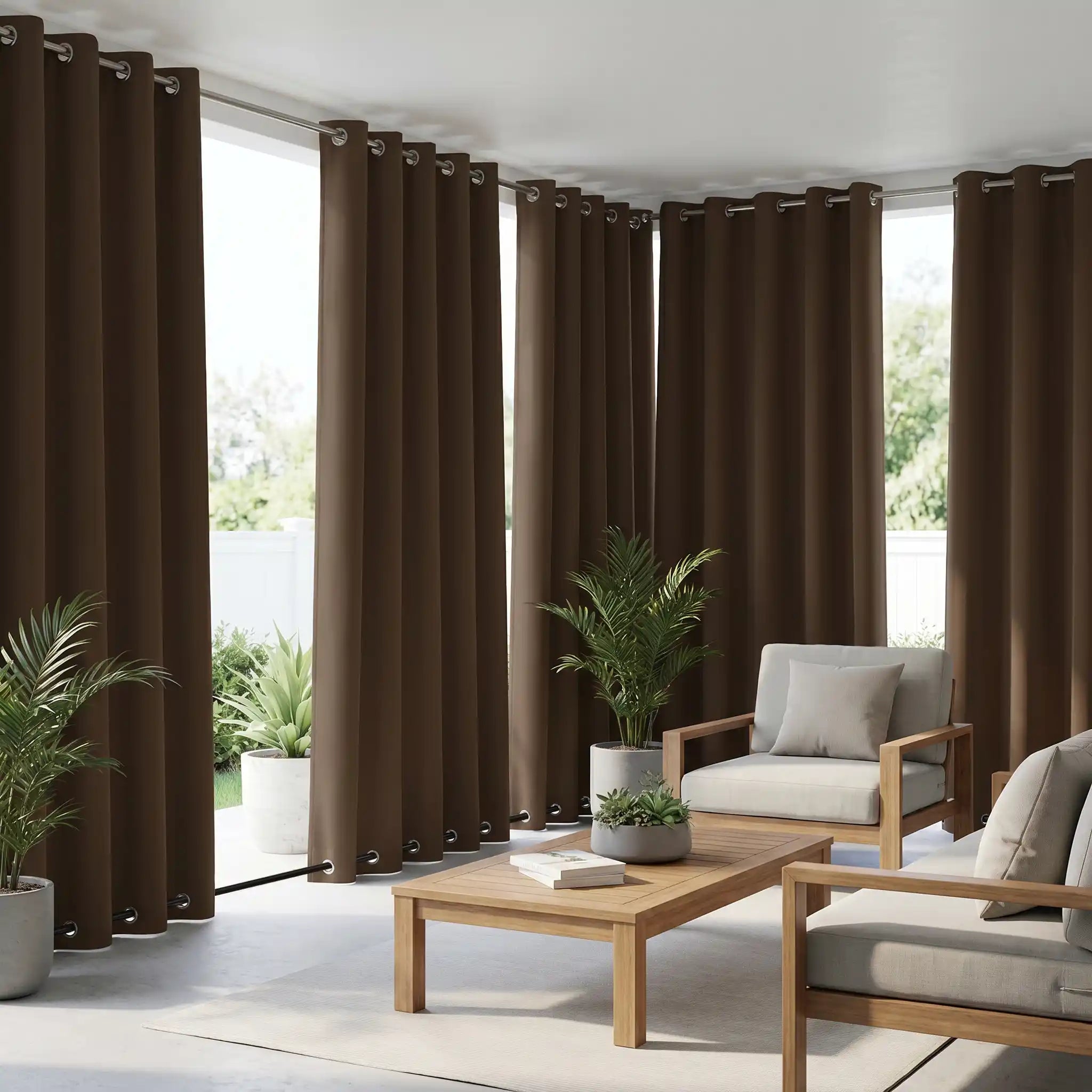 DWCN Grommet Top outdoor curtains with windproof and waterproof fabric, shown hanging on a patio for outdoor weather protection.