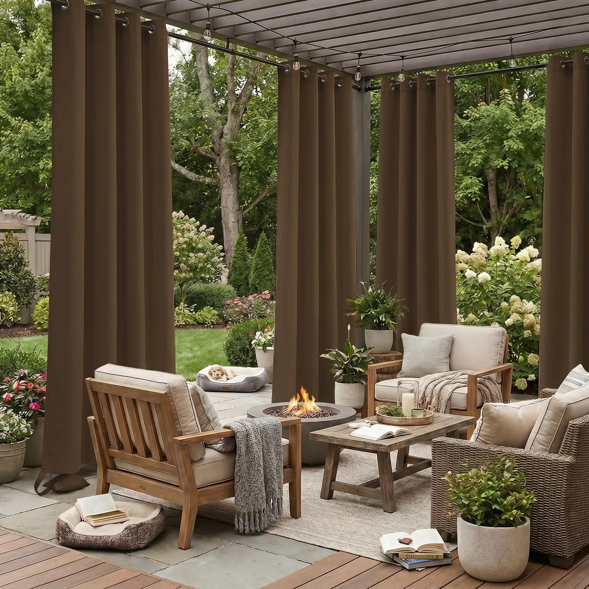 Outdoor waterproof curtain with grommet top and weighted bags, windproof design, by DWCN Official, suitable for outdoor use.