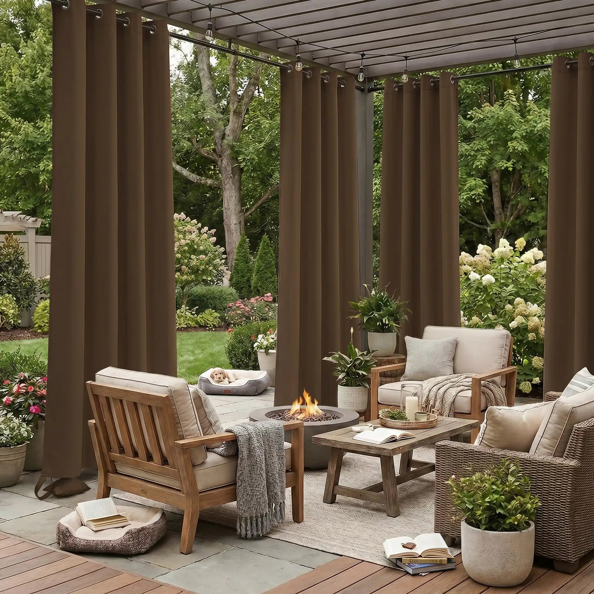 Outdoor waterproof curtain with grommet top and weighted bags, windproof design, by DWCN Official, suitable for outdoor use.
