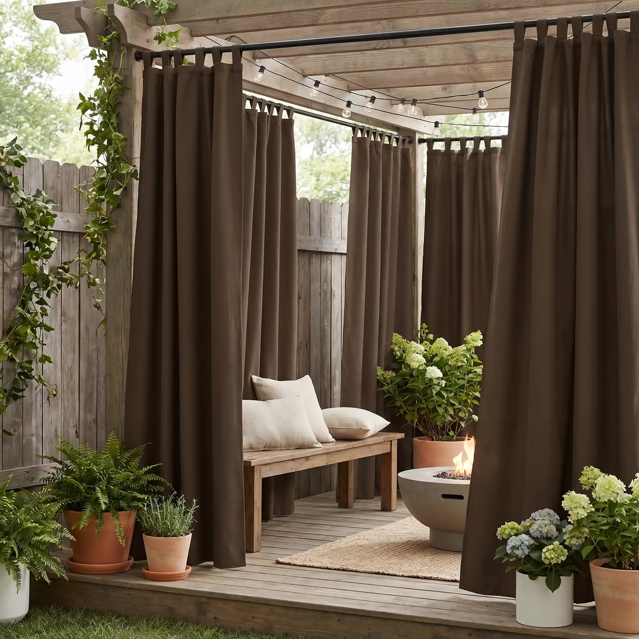 DWCN Official waterproof outdoor curtain with tab top design, weather-resistant fabric for patio or balcony outdoor decor.