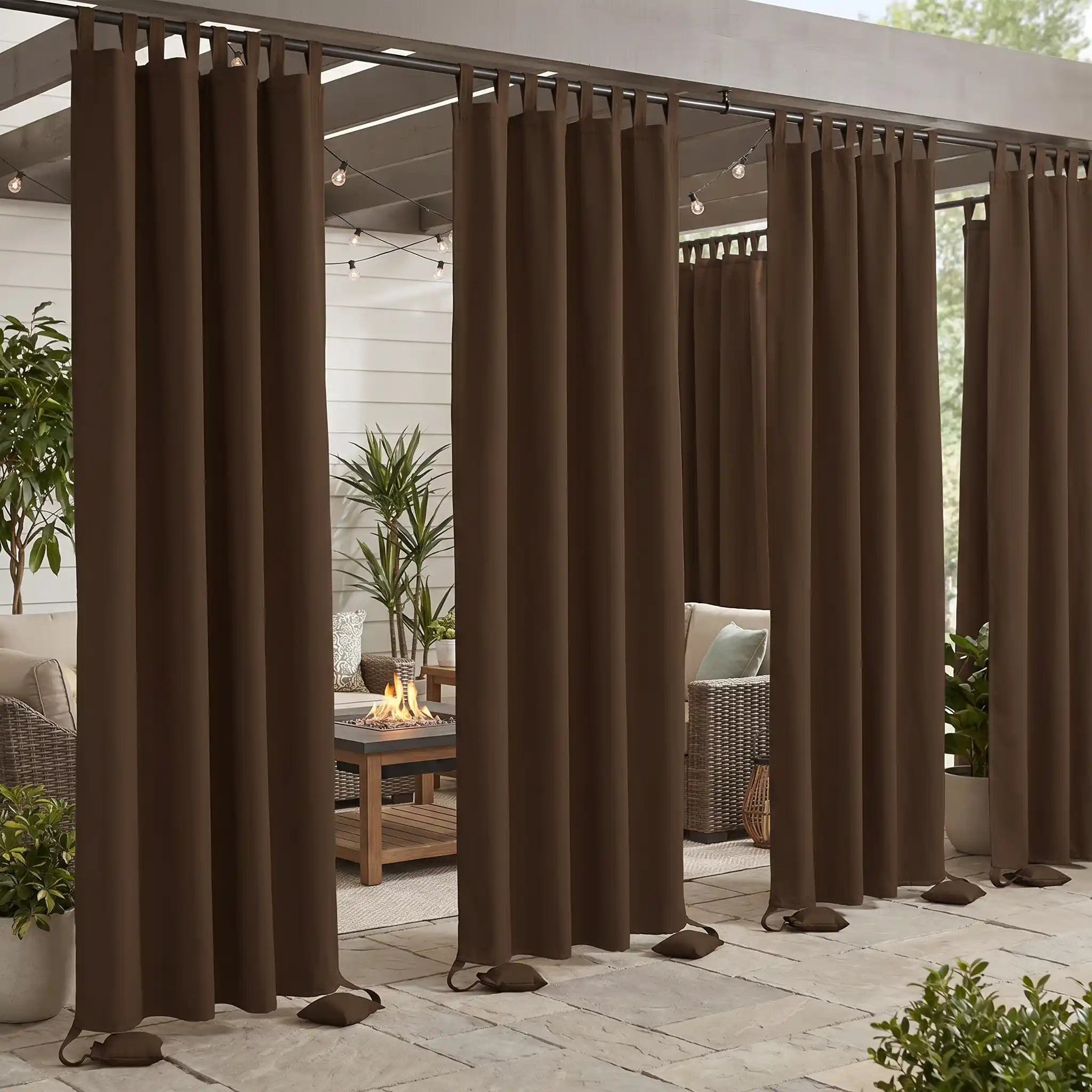 DWCN official windproof and waterproof outdoor curtain with tab top and weighted bags, ideal for weather-resistant outdoor shading.