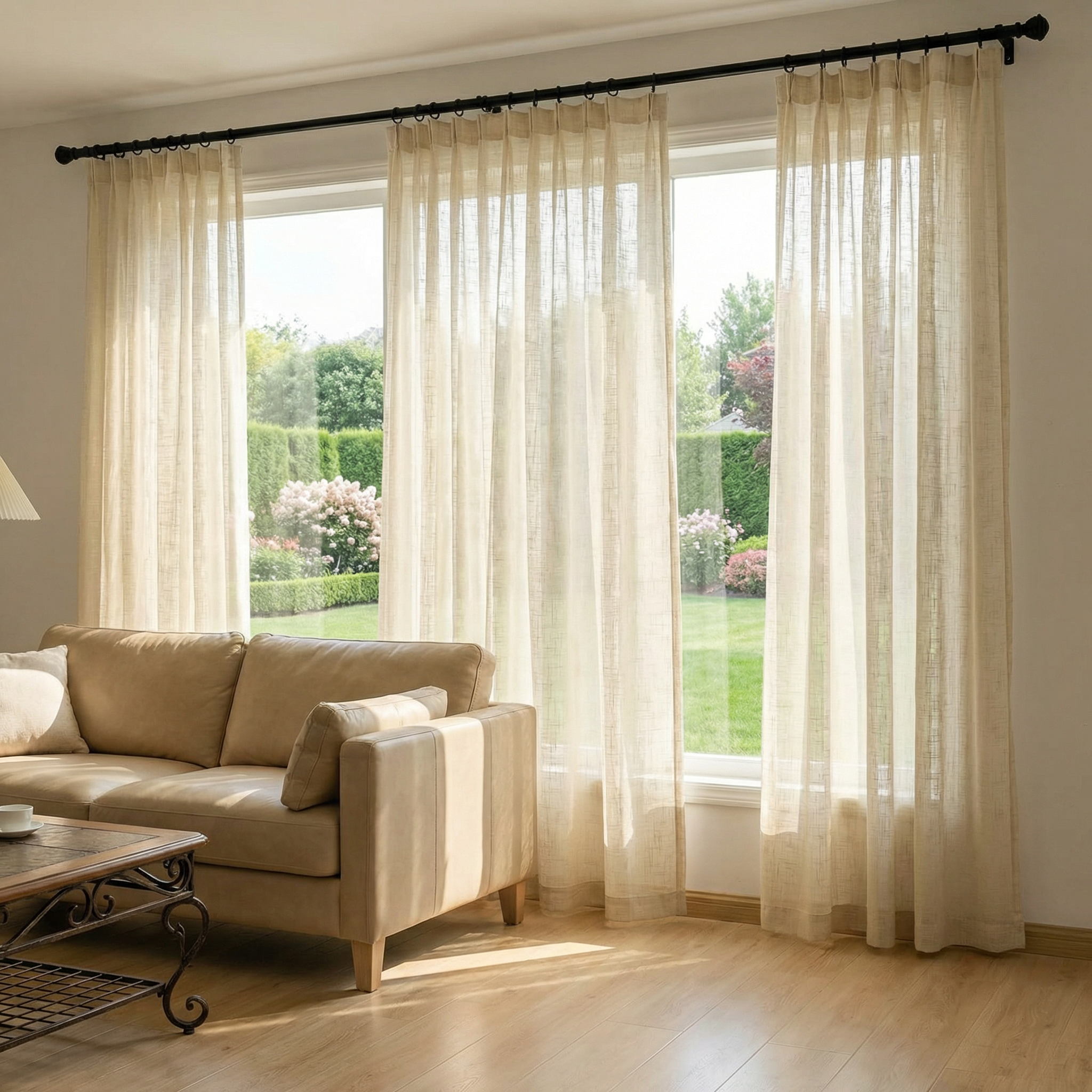 Light-colored DWCN Official custom linen sheer solid curtains hanging in a window, showcasing their soft, airy fabric and elegant design.