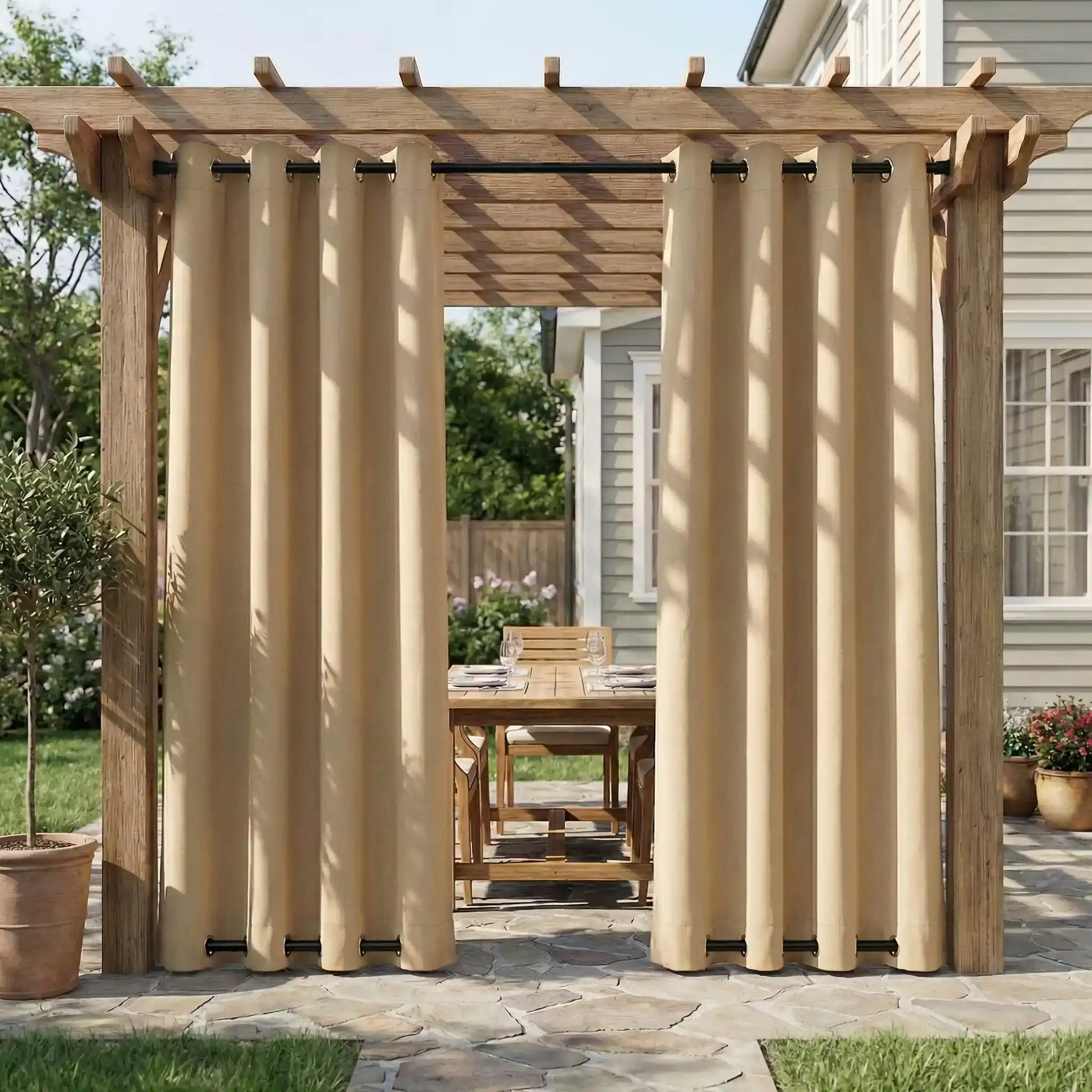 DWCN outdoor grommet top and bottom waterproof curtains, windproof fabric, ideal for patio or outdoor space protection.