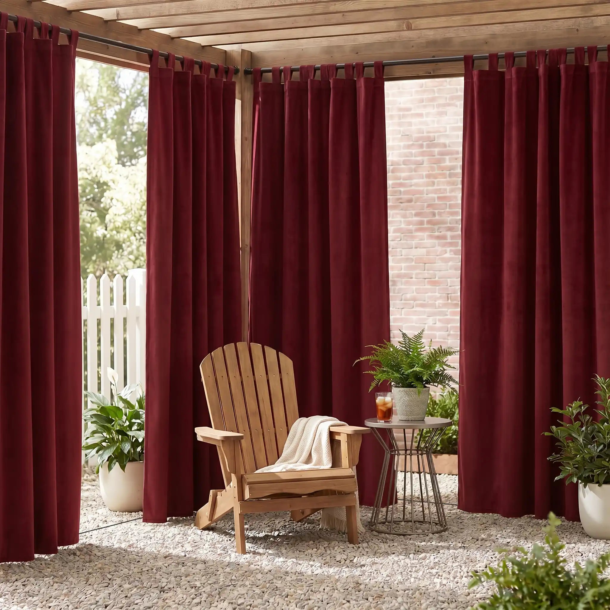 DWCN outdoor curtain with tab top and rope ties, windproof and waterproof fabric, designed for outdoor weather protection