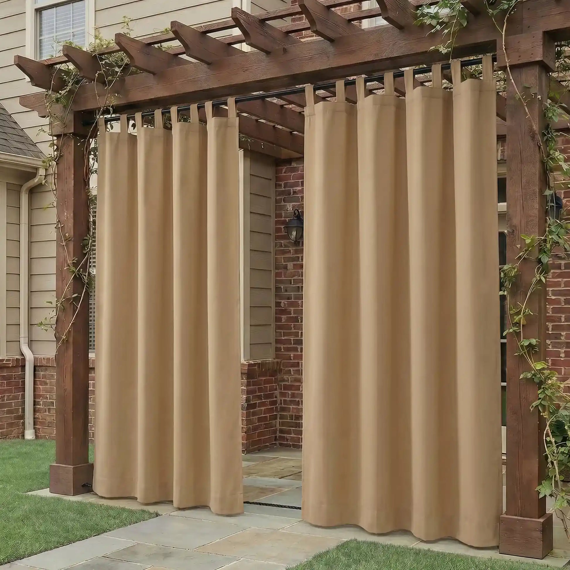 Outdoor waterproof and windproof curtain with tab top and ropes, ideal for outdoor weather protection by DWCN Official.