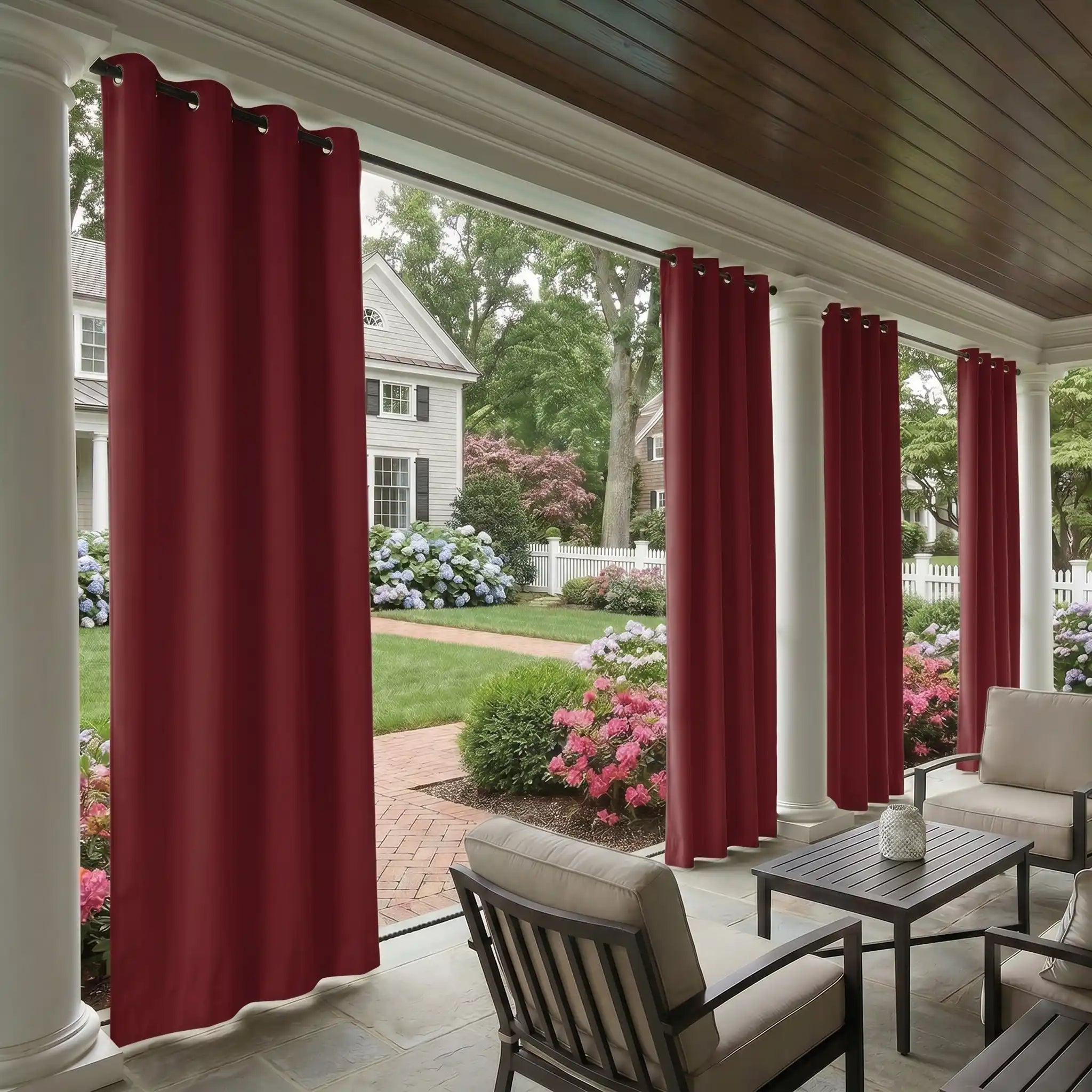Outdoor waterproof curtain with grommet top and ropes from DWCN Official, showing windproof fabric and durable design.