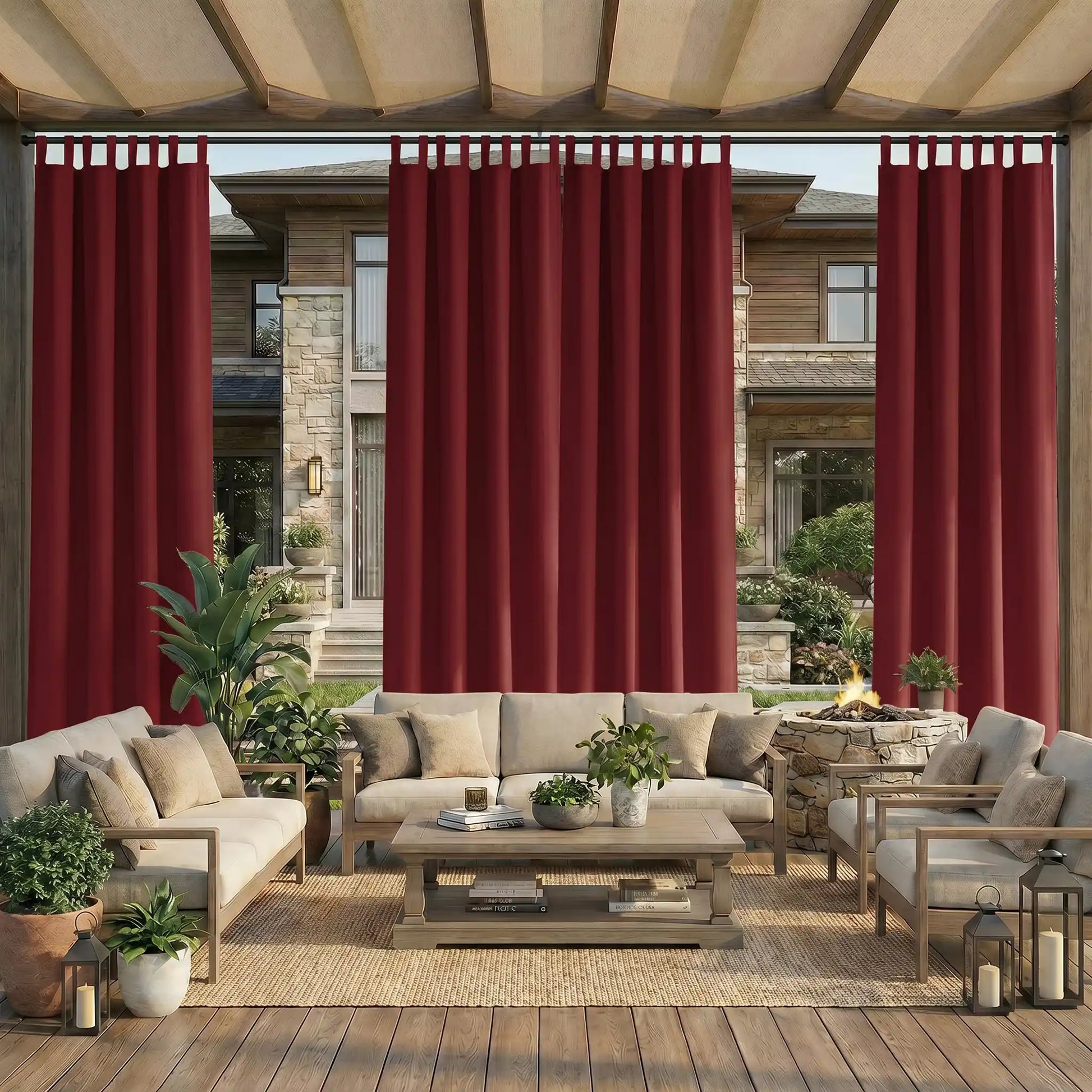 DWCN Official waterproof outdoor curtain with tab top design, suitable for patio or garden use, featuring durable, weather-resistant fabric.