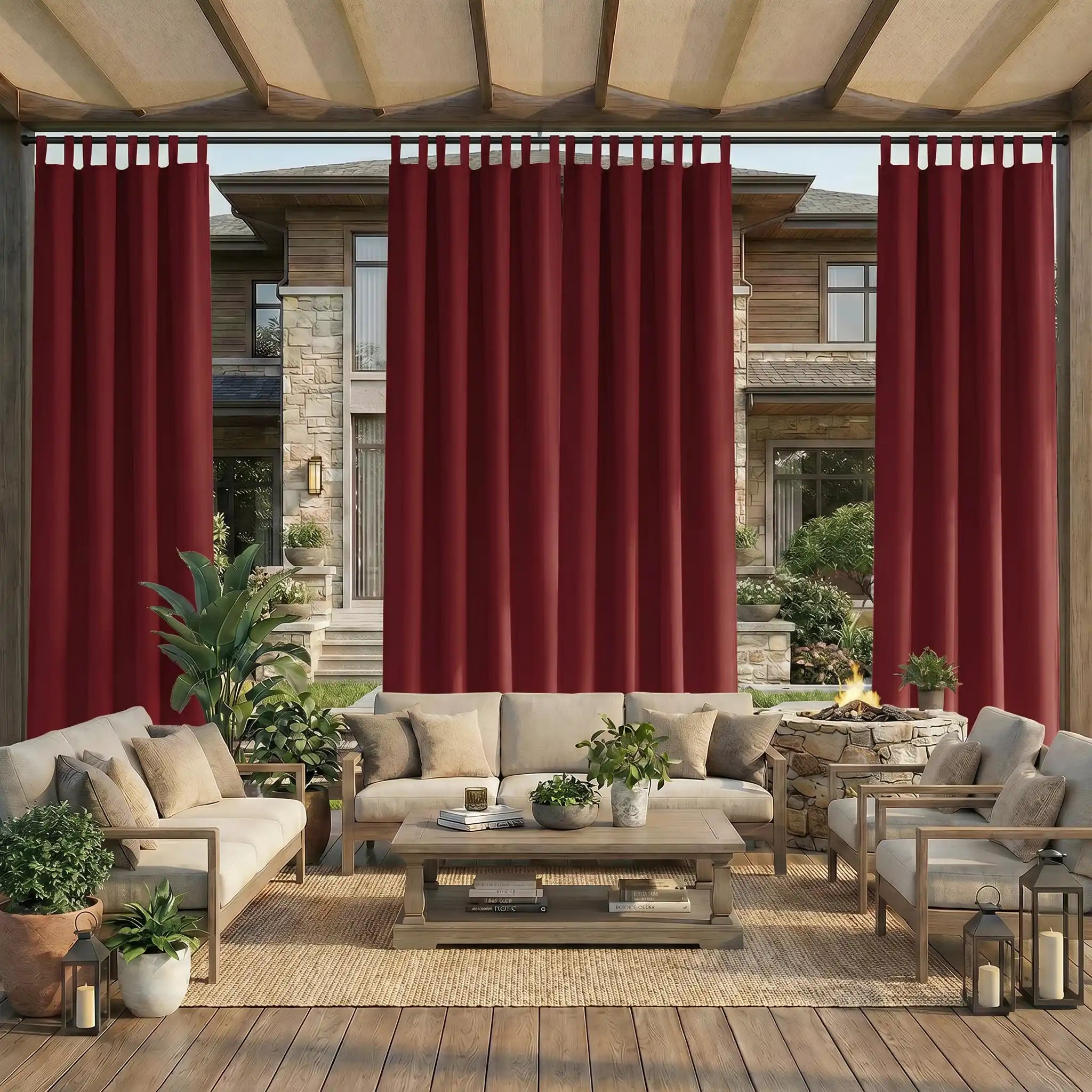 DWCN Official waterproof outdoor curtain with tab top design, suitable for patio or garden use, featuring durable, weather-resistant fabric.