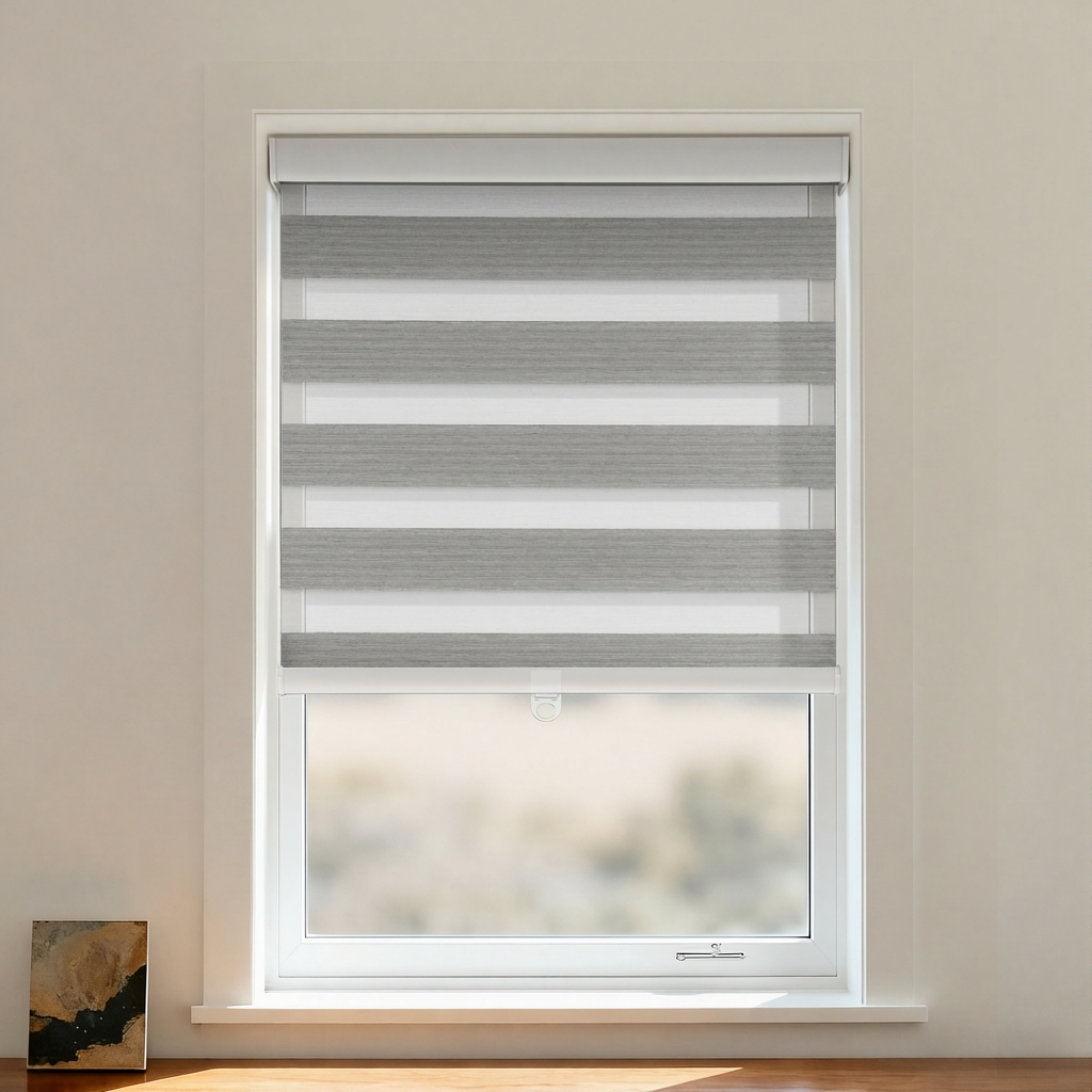 Black cordless zebra shade from DWCN Official featuring black and white striped blackout fabric for privacy and light control.
