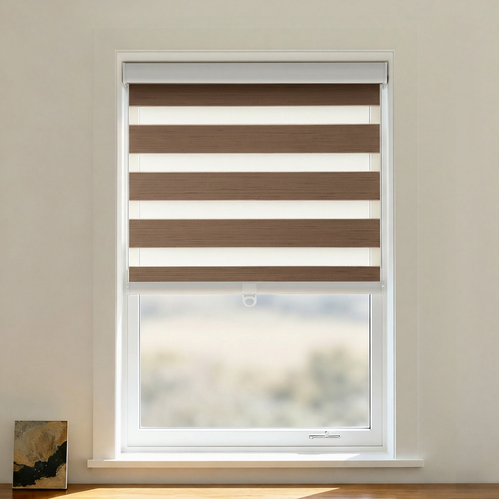 Paola Blackout Zebra Shade by DWCN Official showing cordless zebra-style window blind in black and white pattern.