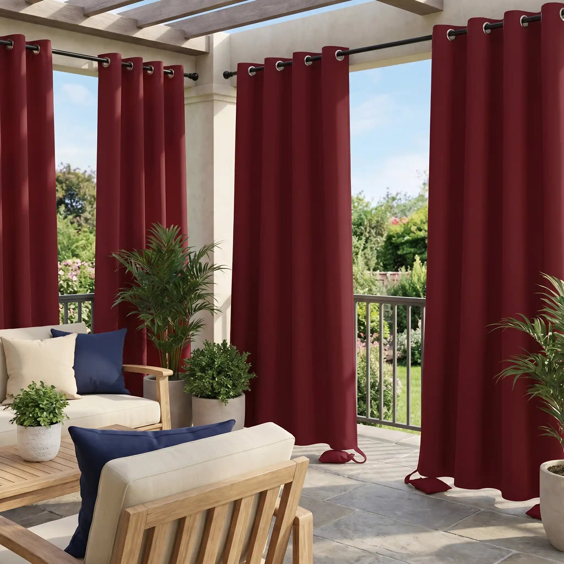 DWCN official outdoor curtain with grommet top and weighted bottom, windproof and waterproof for outdoor weather protection.
