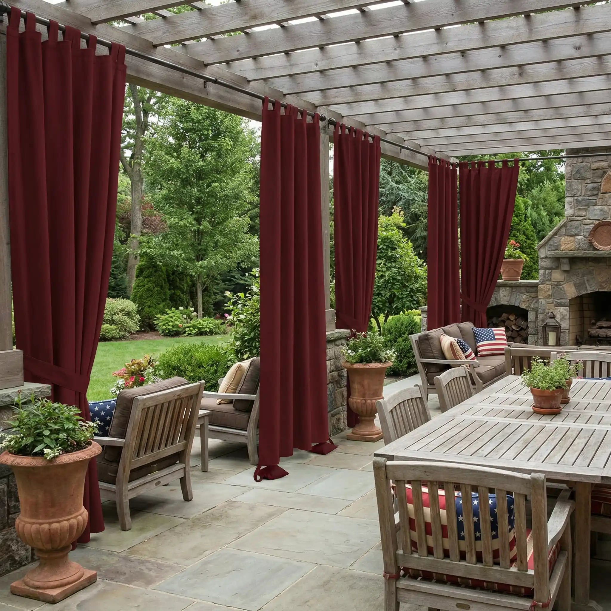 DWCN official outdoor curtain with tab top and weighted bottom, windproof and waterproof for outdoor protection.