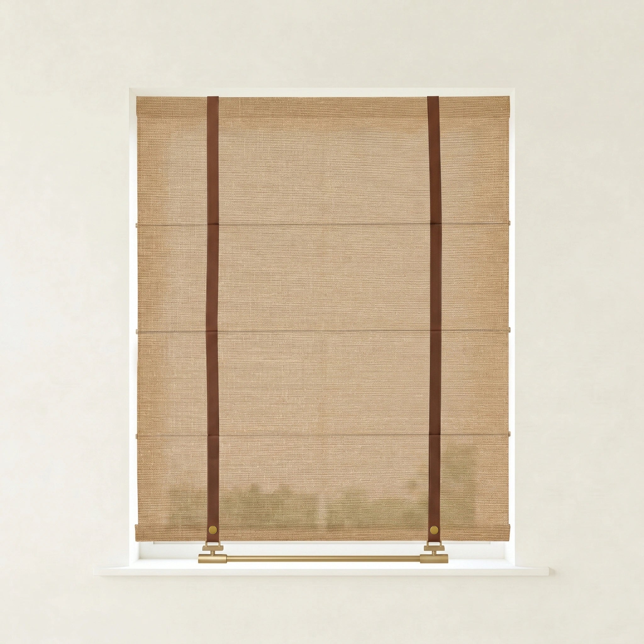 Imogen custom linen Roman shades by DWCN Official, featuring soft beige fabric and classic fold design for elegant window covering.