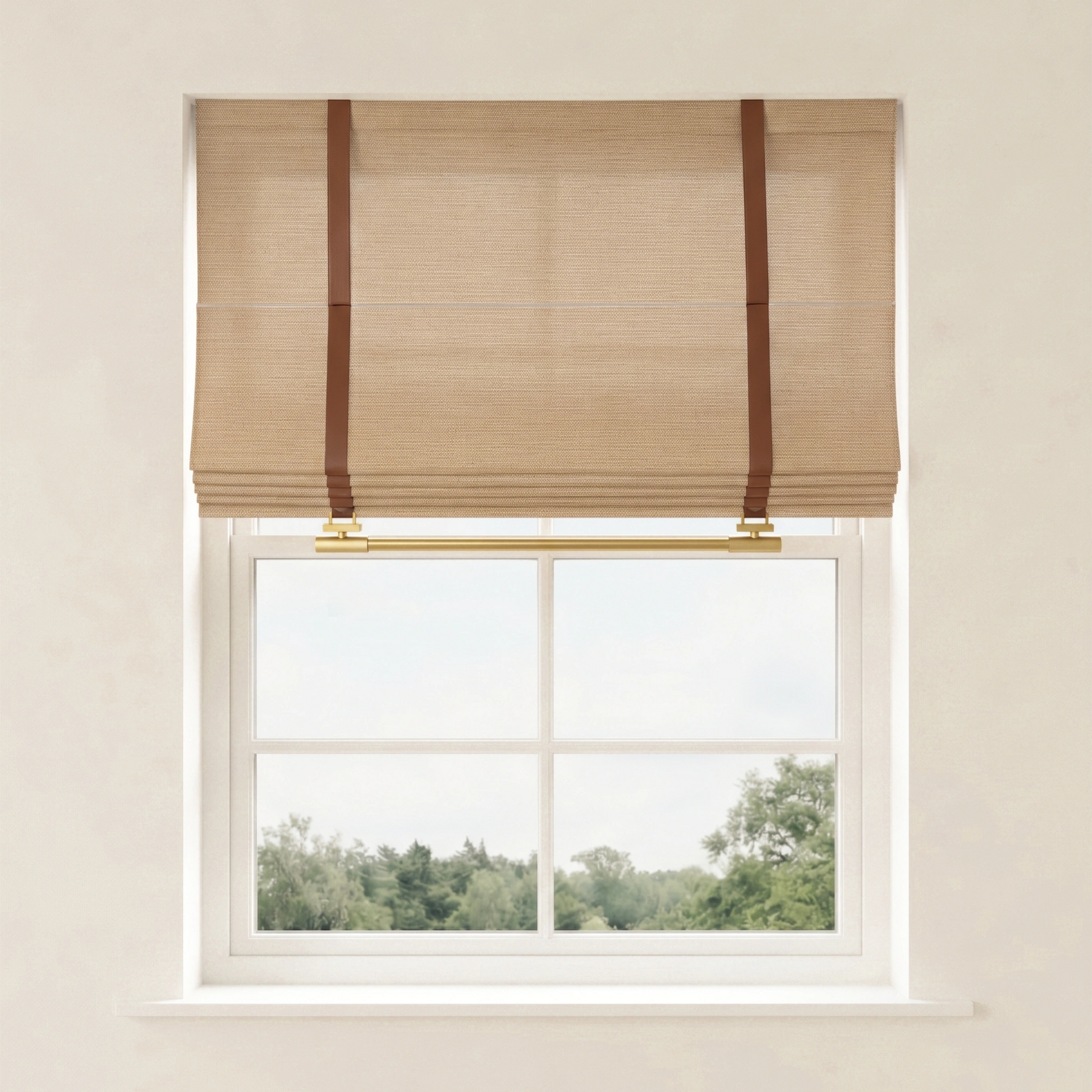 DWCN Official Imogen Custom Linen Roman Shades featuring elegant, light-colored fabric and classic fold design for stylish window coverage.