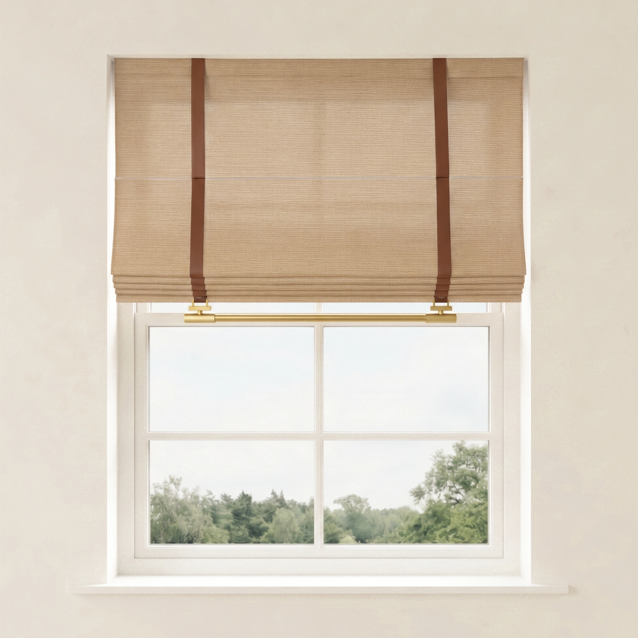 DWCN Official Imogen Custom Linen Roman Shades featuring elegant, light-colored fabric and classic fold design for stylish window coverage.