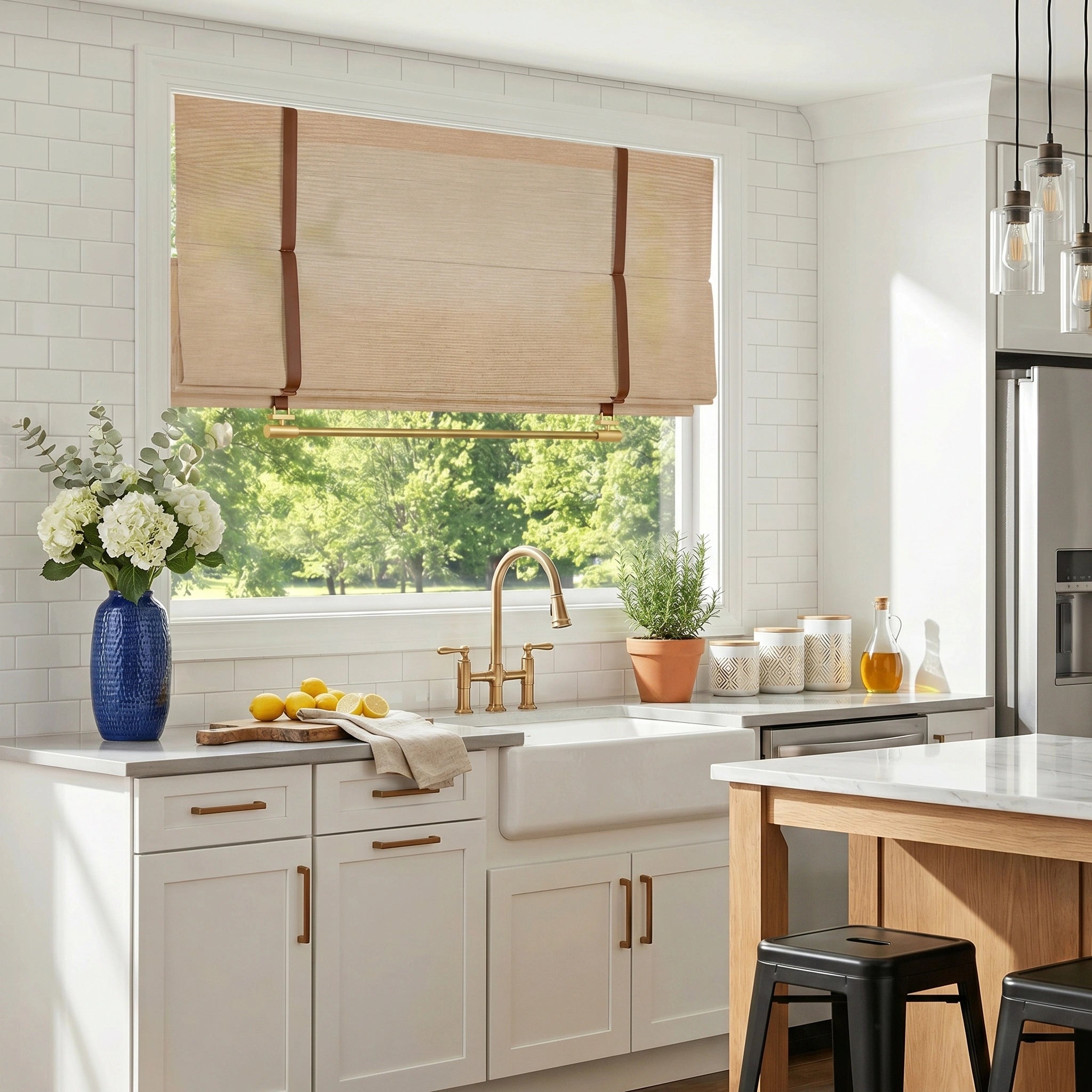 Light-filtering Imogen Custom Linen Roman Shades by DWCN Official hanging in a modern living room window.