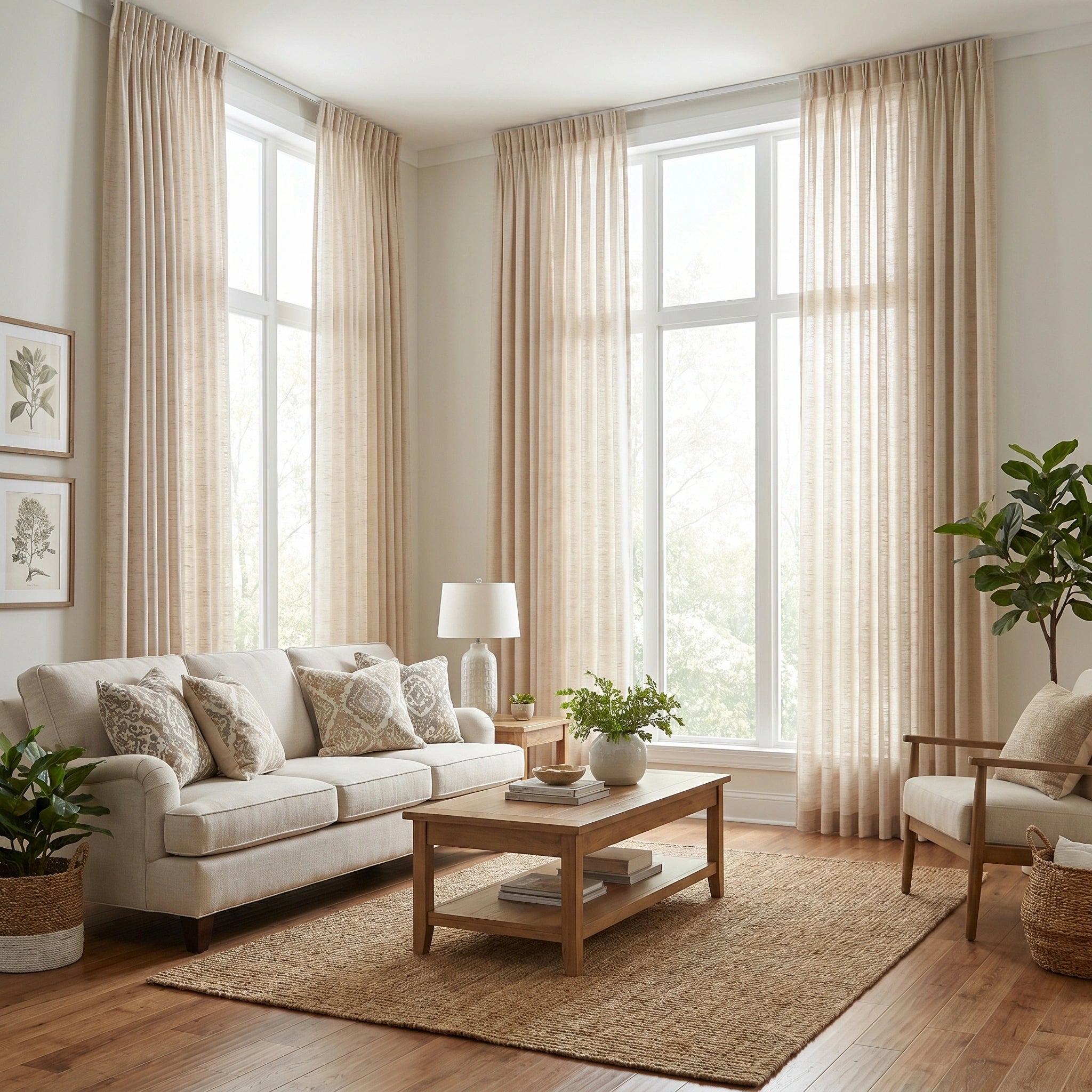 Light beige Theia Linen Sheer Curtains by DWCN Official hanging in a bright window, showcasing soft, airy fabric for elegant window decor.