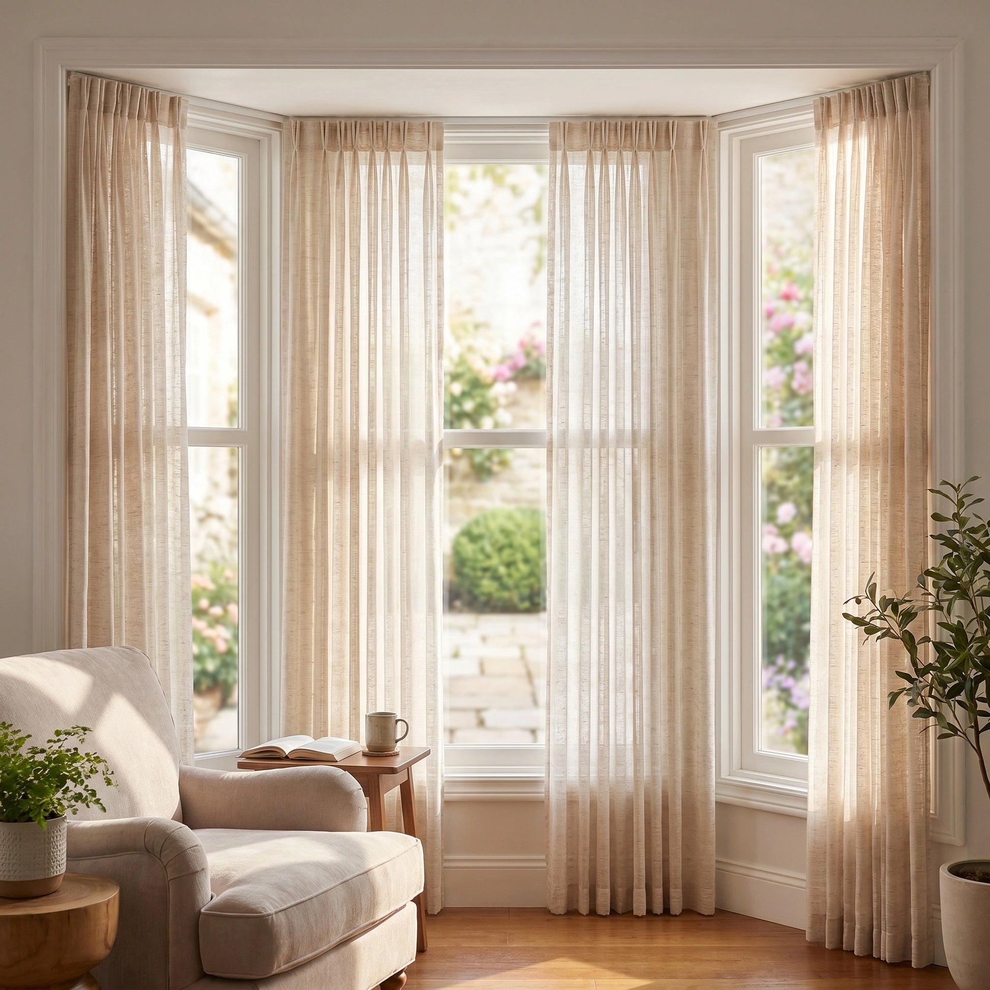 Light gray Theia Linen Sheer Curtains by DWCN Official hanging in a bright window, showcasing soft, flowing linen fabric.