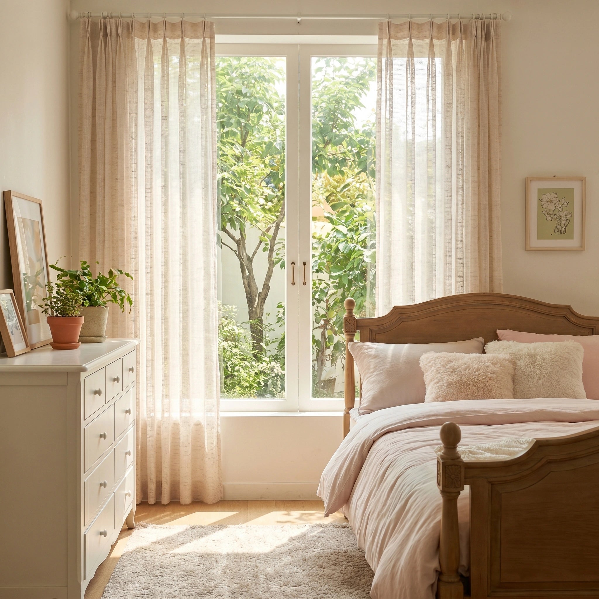 Light gray Theia Linen Sheer Curtains by DWCN Official hanging in a bright living room, filtering natural sunlight.