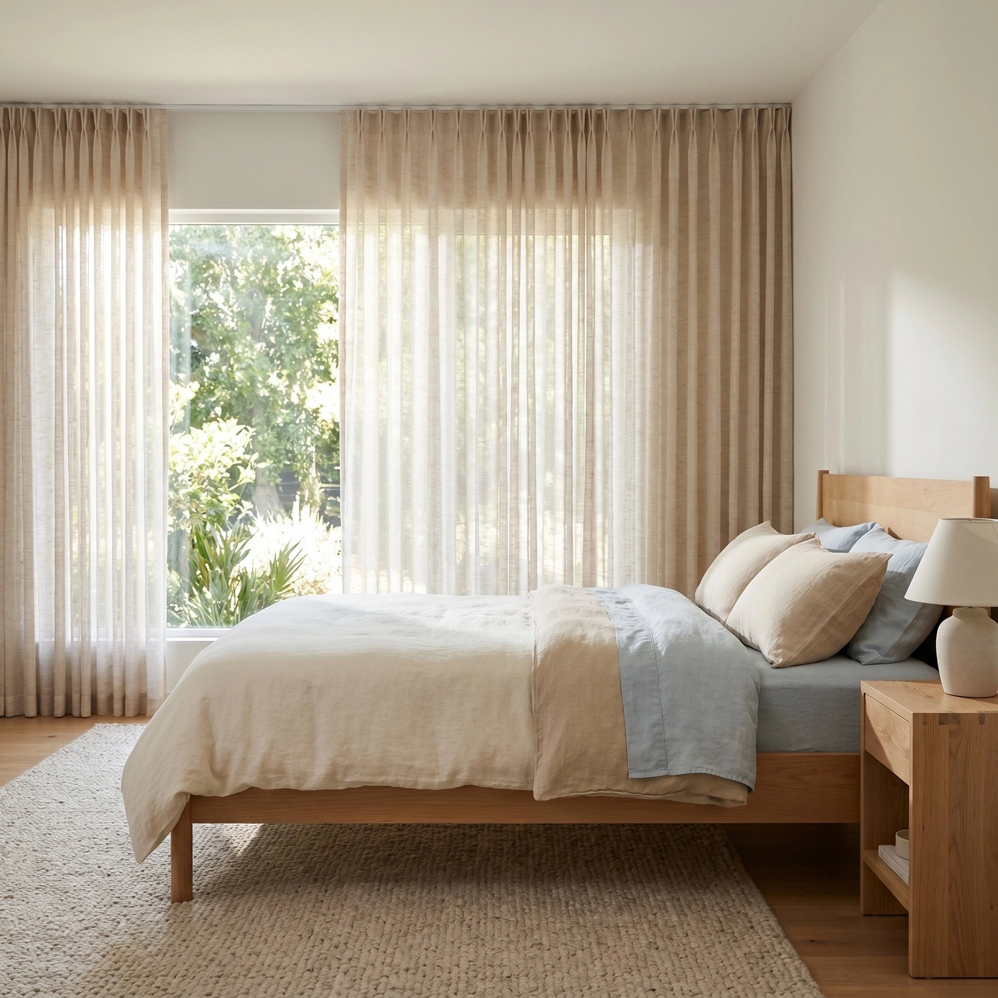 Light beige Theia Linen Sheer Curtains by DWCN Official hanging in a bright room, showcasing their airy, textured linen fabric.