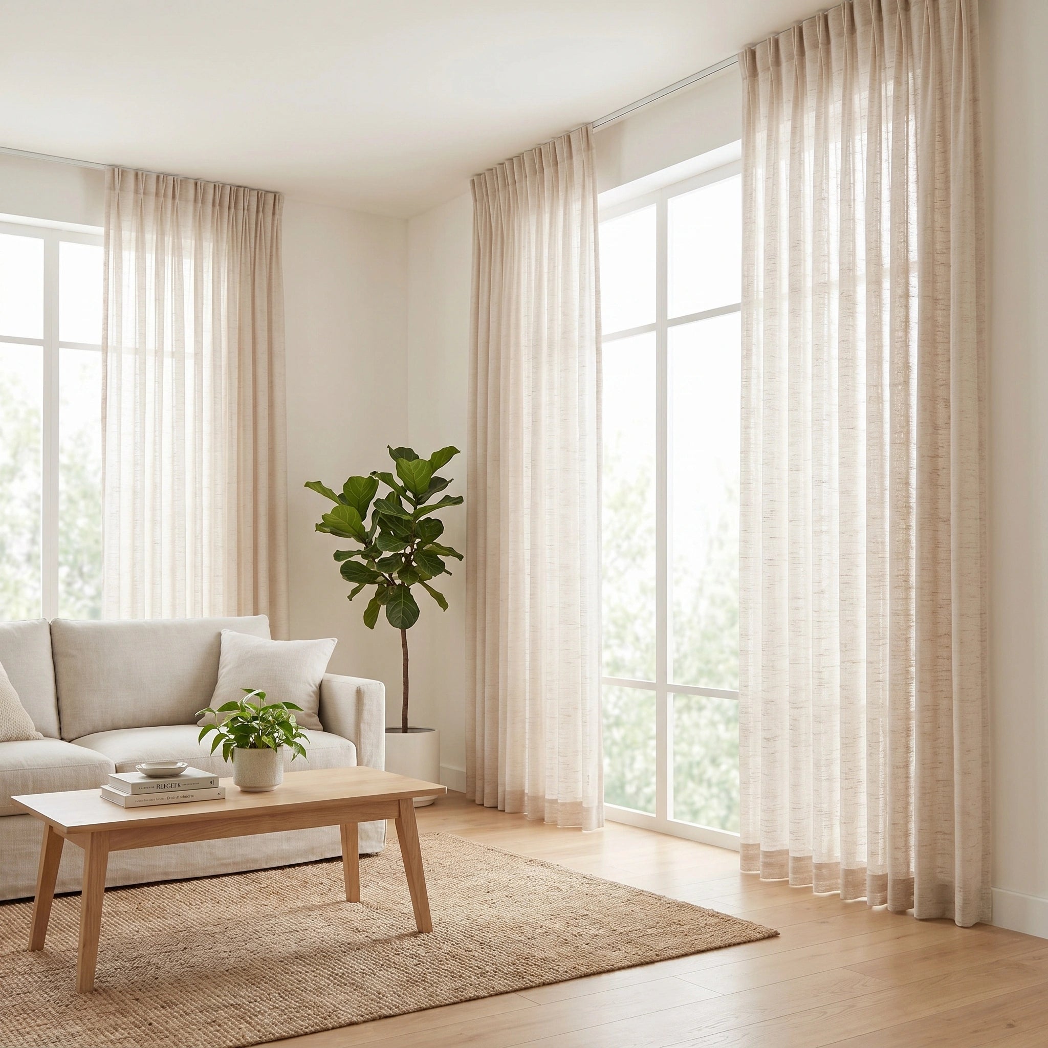 DWCN Official Theia Linen Sheer Curtains hanging in a bright window, showcasing lightweight, semi-transparent fabric for airy room decor.