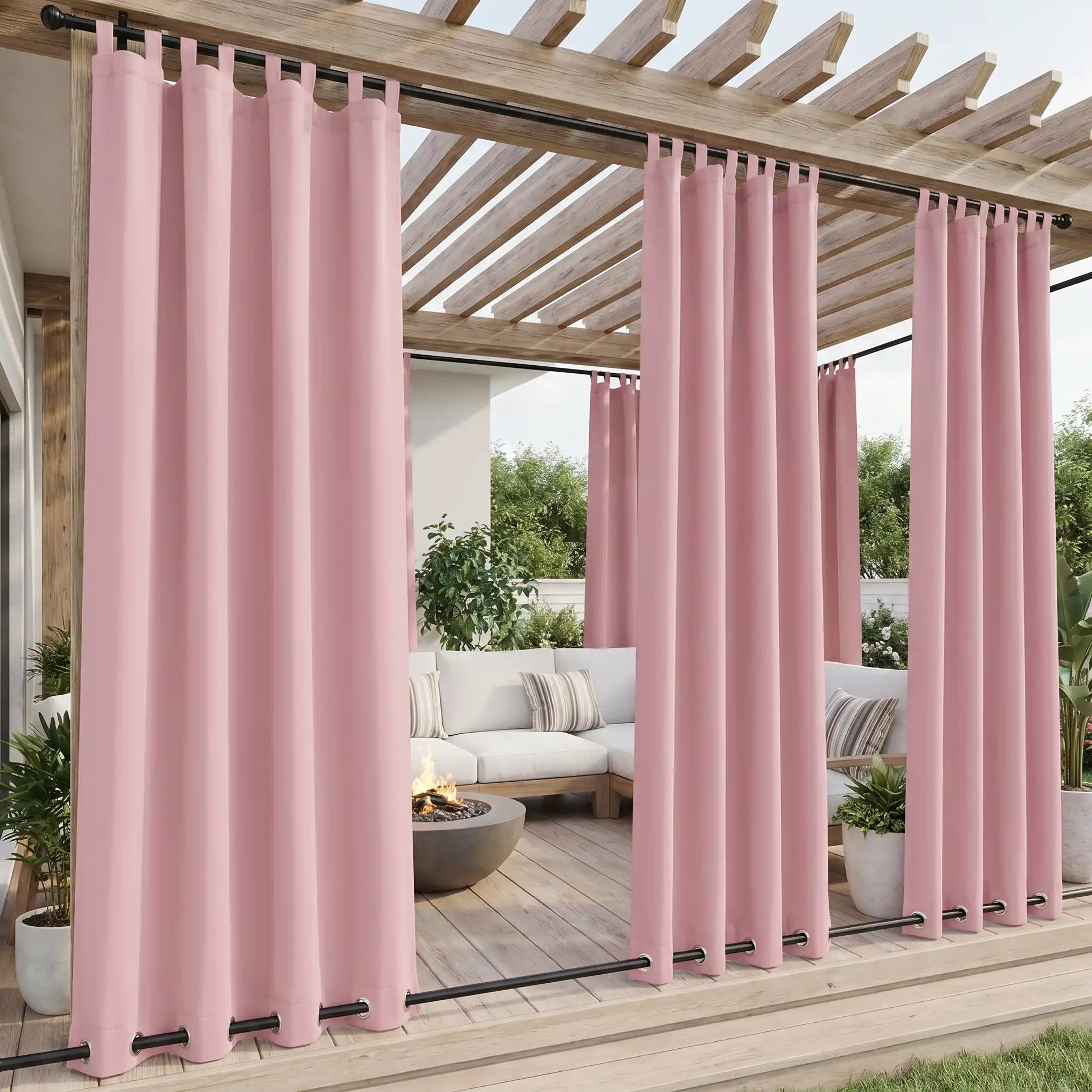 DWCN Official outdoor curtains with tab top and grommet bottom, windproof and waterproof fabric for outdoor protection.