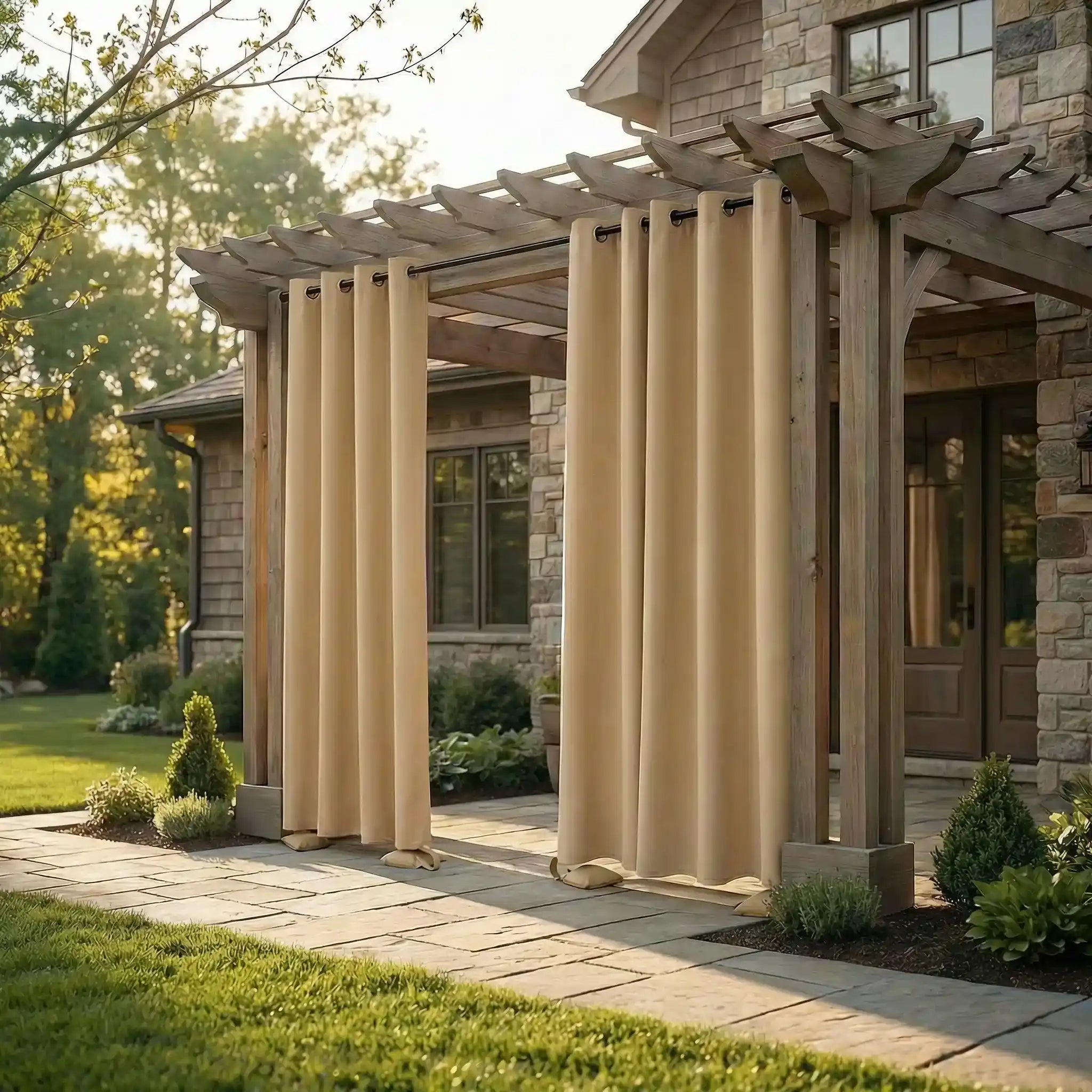 Outdoor curtain with grommet top and weighted bags bottom, windproof and waterproof, by DWCN Official, suitable for outdoor use.