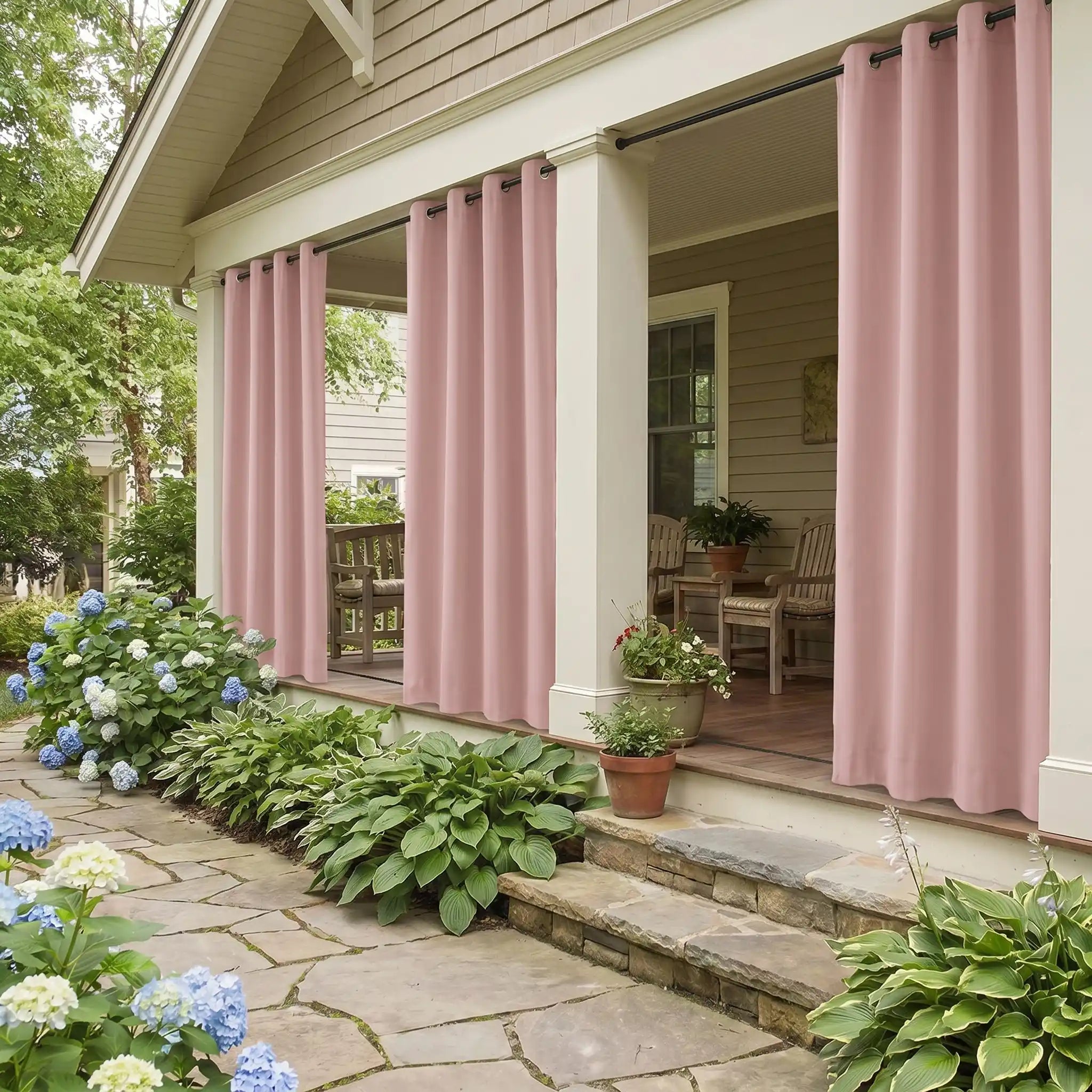 Outdoor curtain with grommet top and ropes bottom by DWCN Official, windproof and waterproof fabric for patio or balcony use.