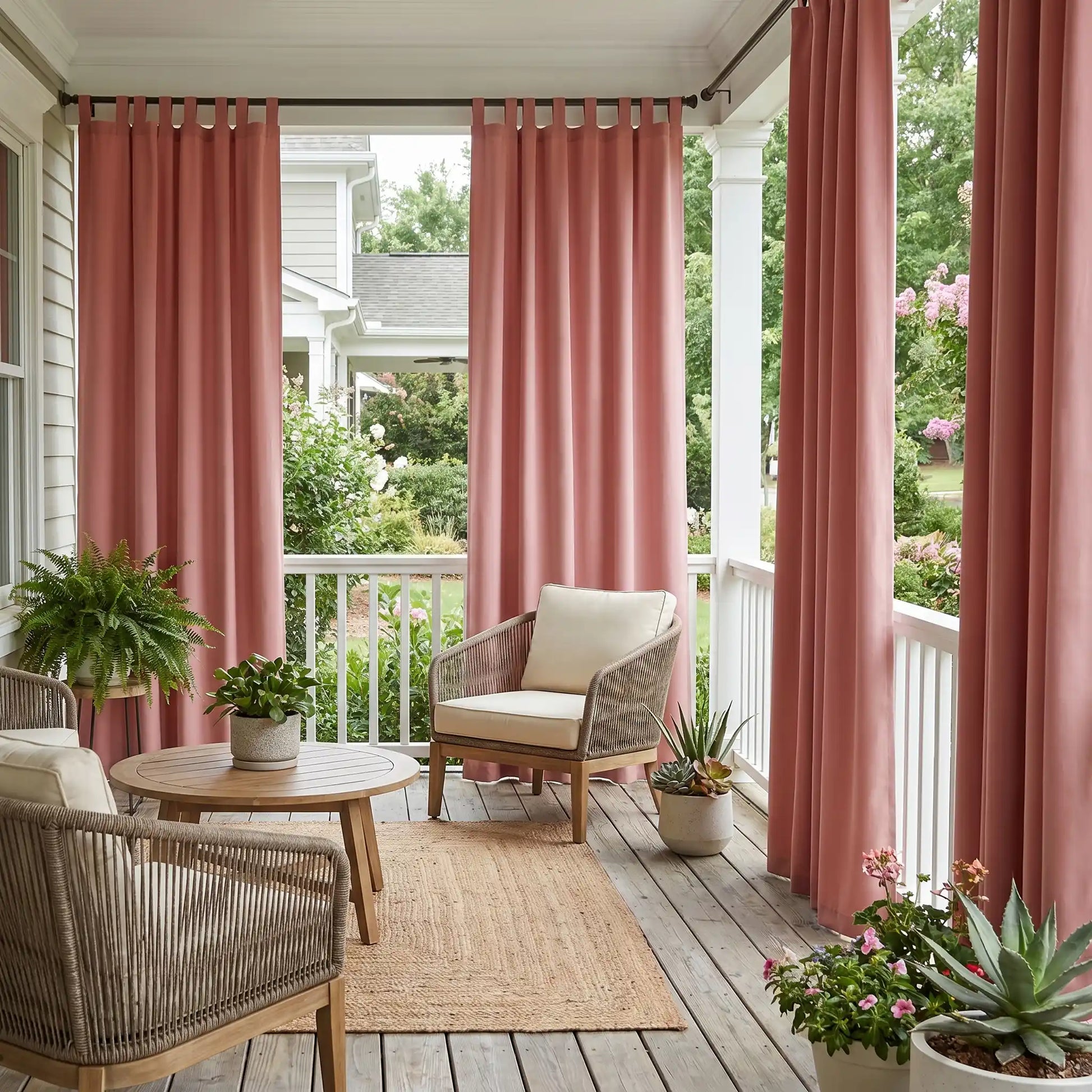 DWCN Official outdoor curtain with tab top and ropes, windproof and waterproof fabric, ideal for outdoor patio or garden use.