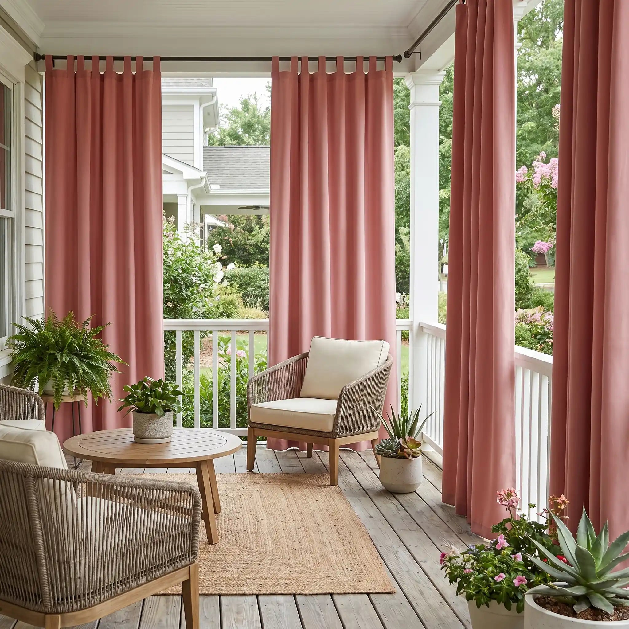 DWCN Official outdoor curtain with tab top and ropes, windproof and waterproof fabric, ideal for outdoor patio or garden use.