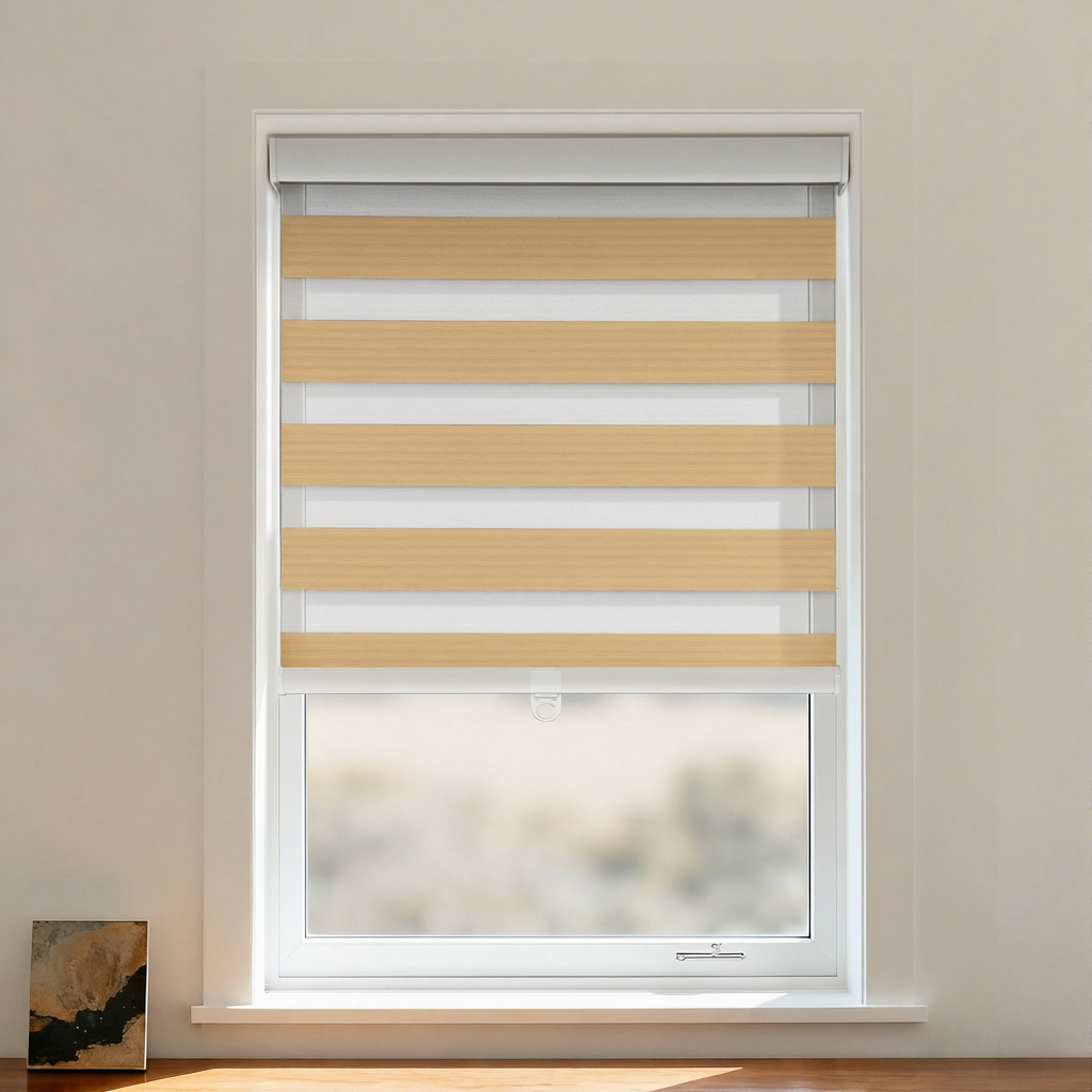 Black cordless zebra shade by DWCN Official featuring black and white blackout zebra stripes for light control.