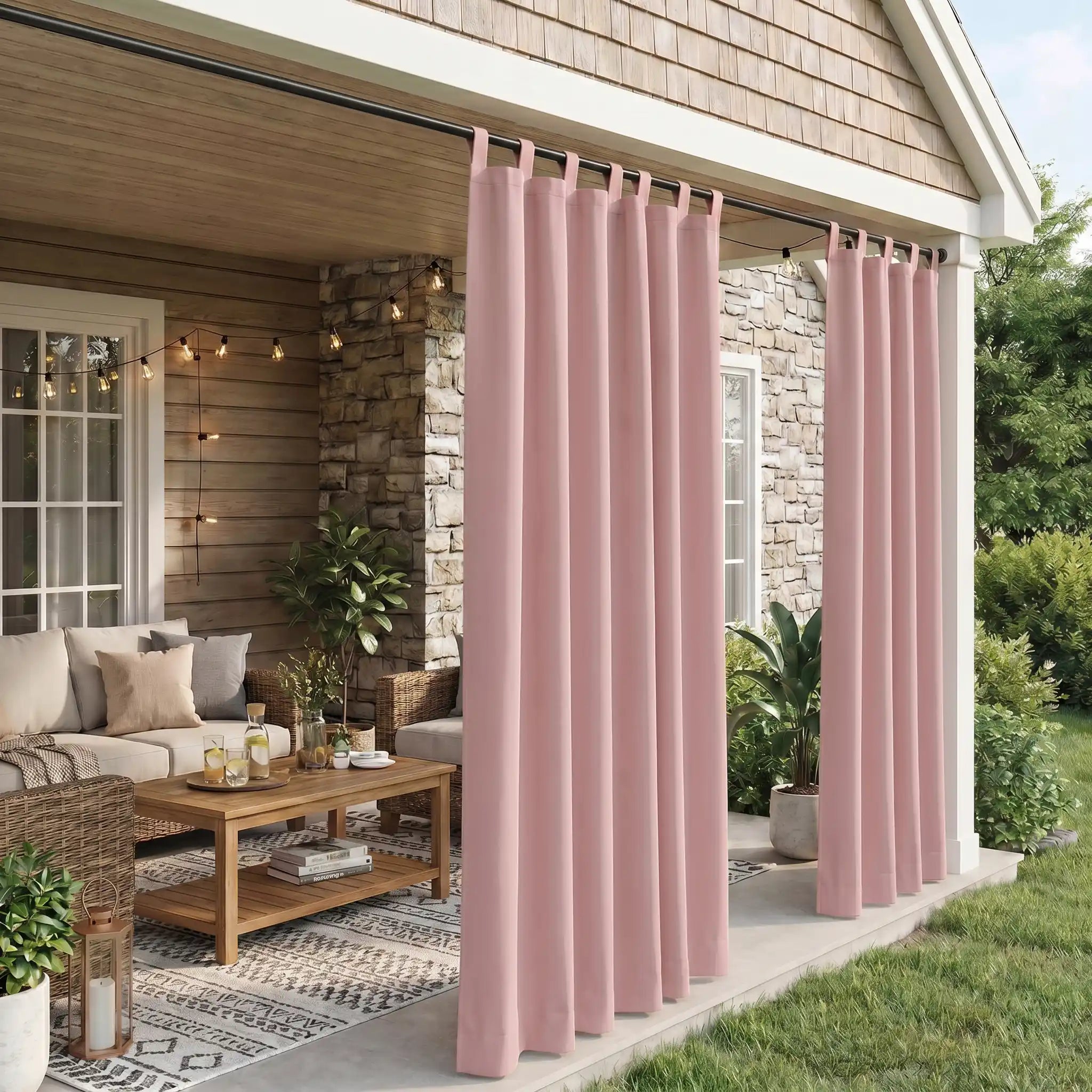 DWCN Official waterproof outdoor curtain with tab top design, ideal for patio or garden protection against weather.