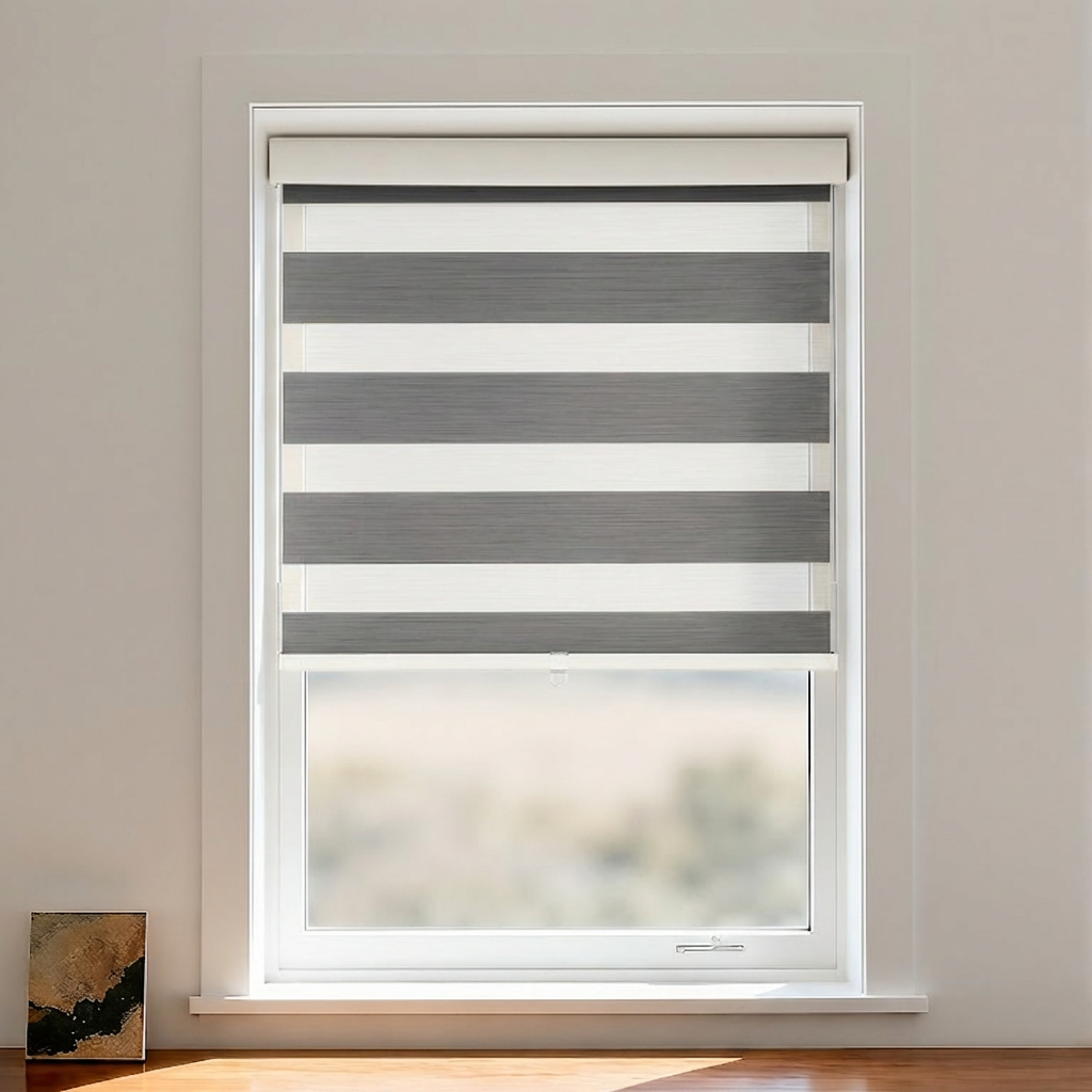 Blackout zebra shade by DWCN Official featuring cordless design, black and white zebra pattern for modern window decor.