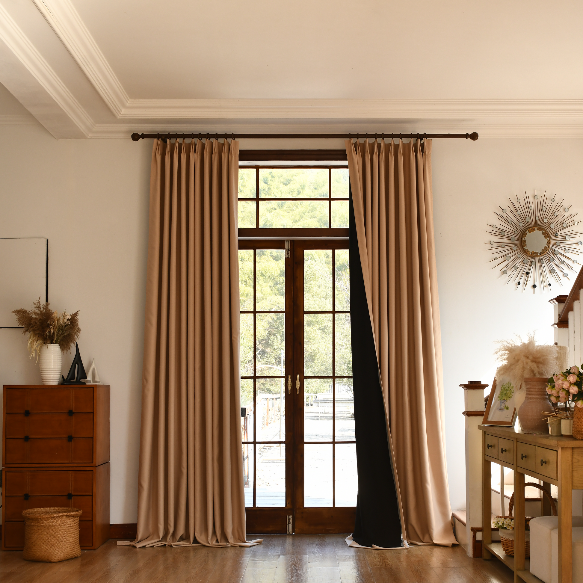 Black silk-fiber curtains from DWCN Official, designed for total blackout and privacy in a modern home interior.