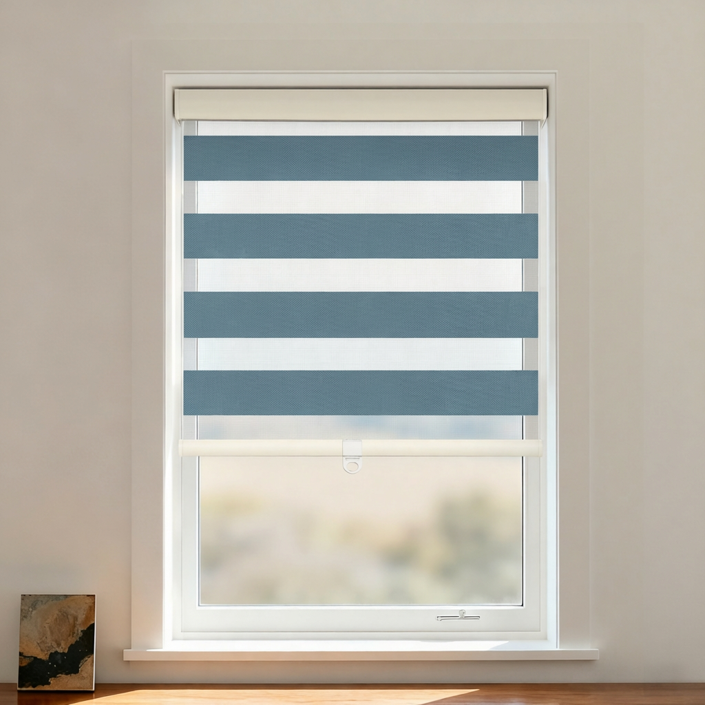 Blackout zebra shade by DWCN Official featuring a cordless design and black horizontal striped pattern for light control.