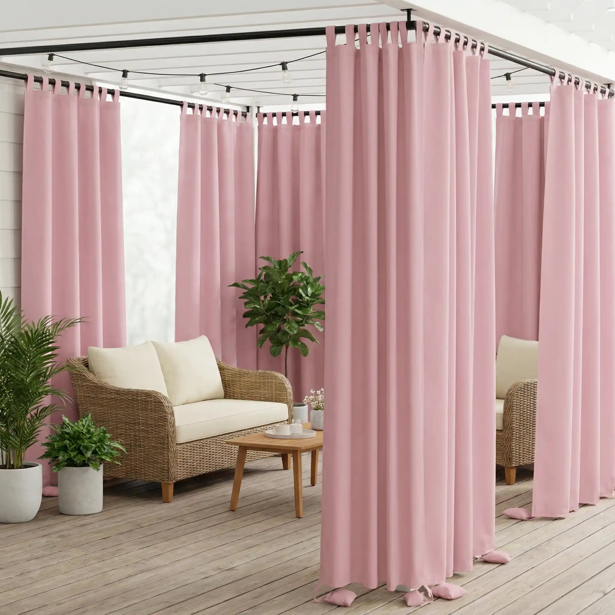 DWCN official outdoor curtain with tab top and weighted bottom, windproof and waterproof design for outdoor weather protection.