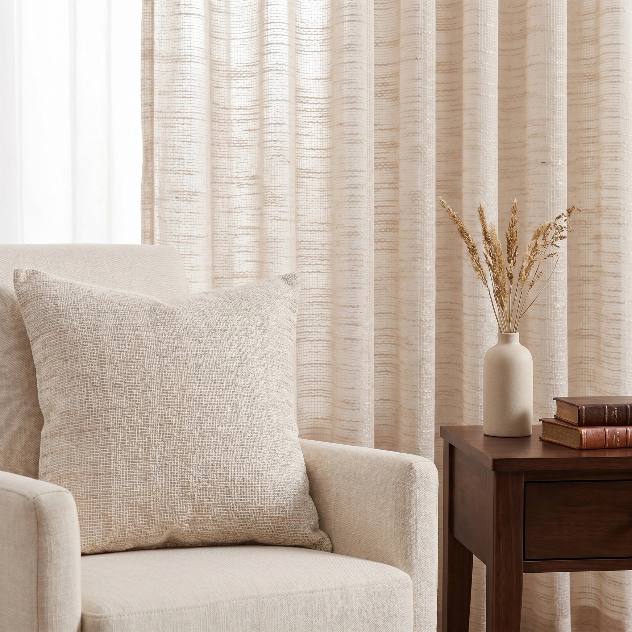 Light beige Theia linen sheer curtains by DWCN Official hanging over a window, soft fabric with subtle texture and elegant drape.