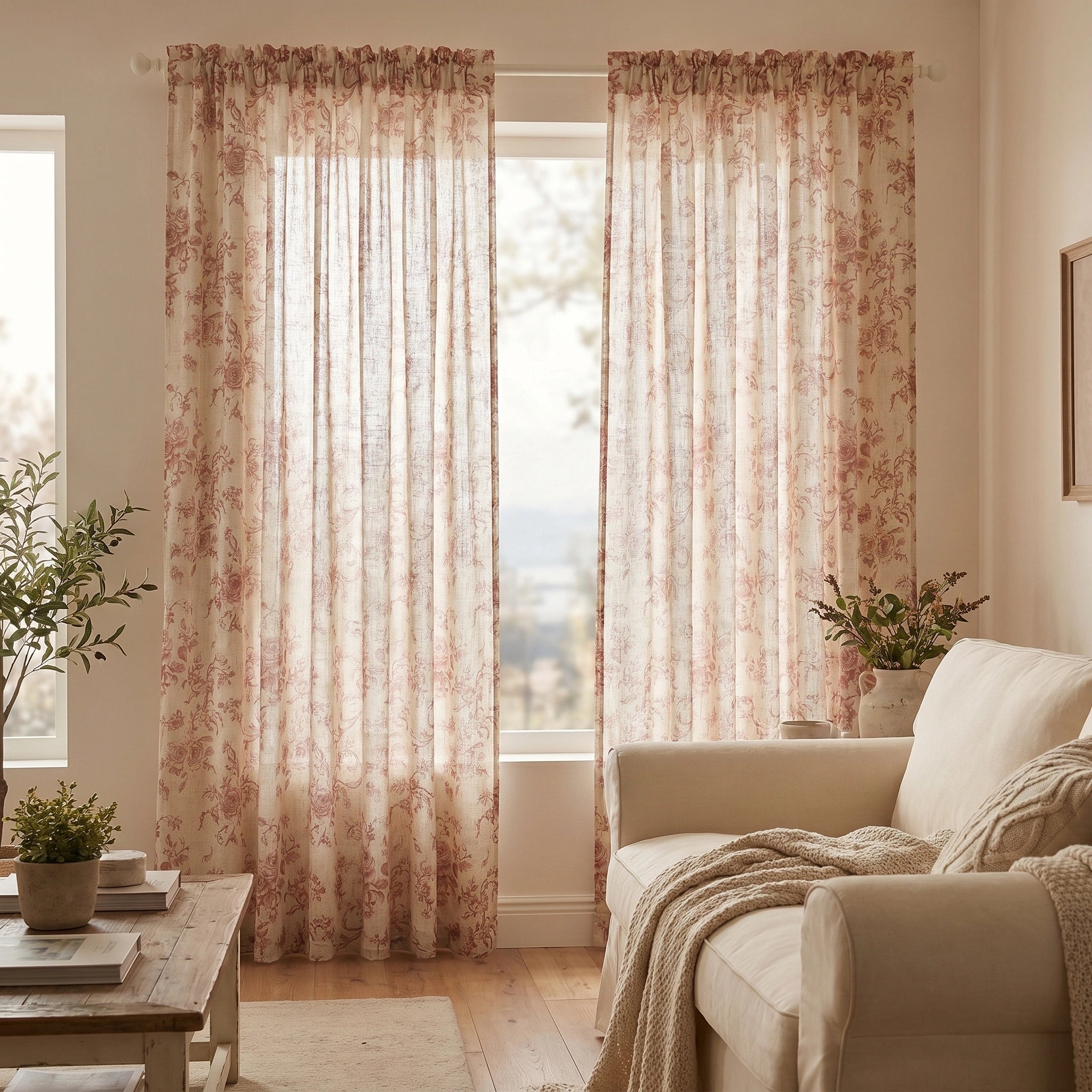 DWCN Official Antheia Millefiori patterned linen curtains with vibrant floral design hanging in a window setting.