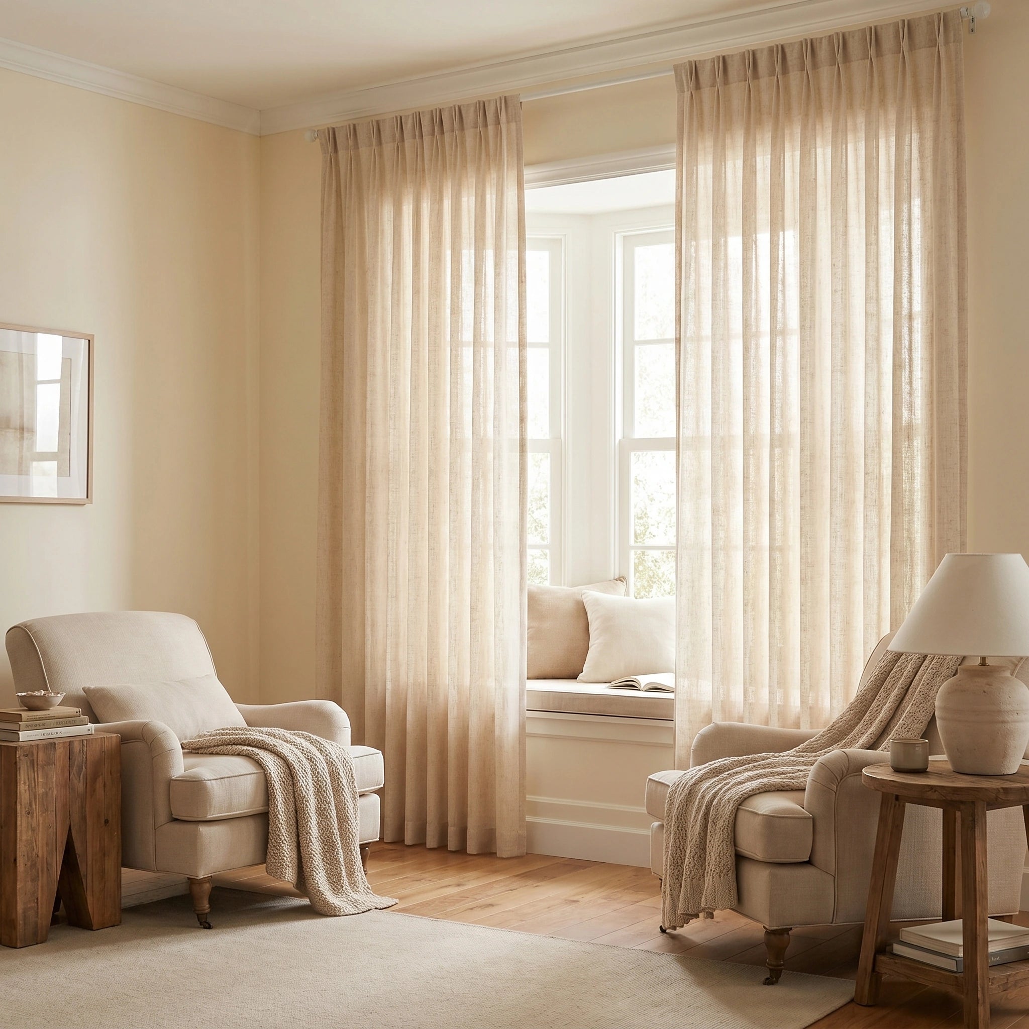 Light beige Rhea natural flax slub linen sheer curtain by DWCN Official hanging on a window, showcasing its airy, textured fabric.