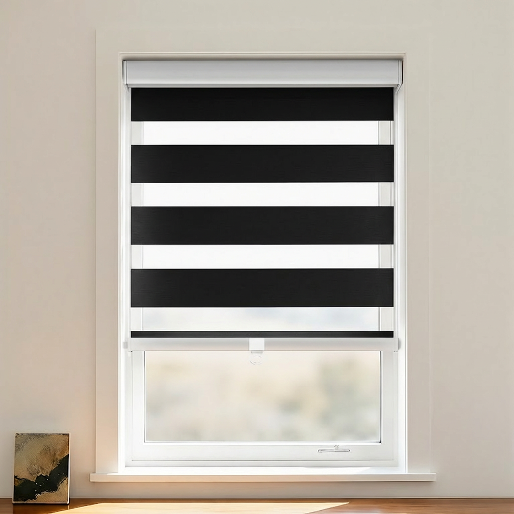 Nicole Blackout Zebra Shade Cordless by DWCN Official, showing a stylish black and white zebra-striped window blind with cordless operation.