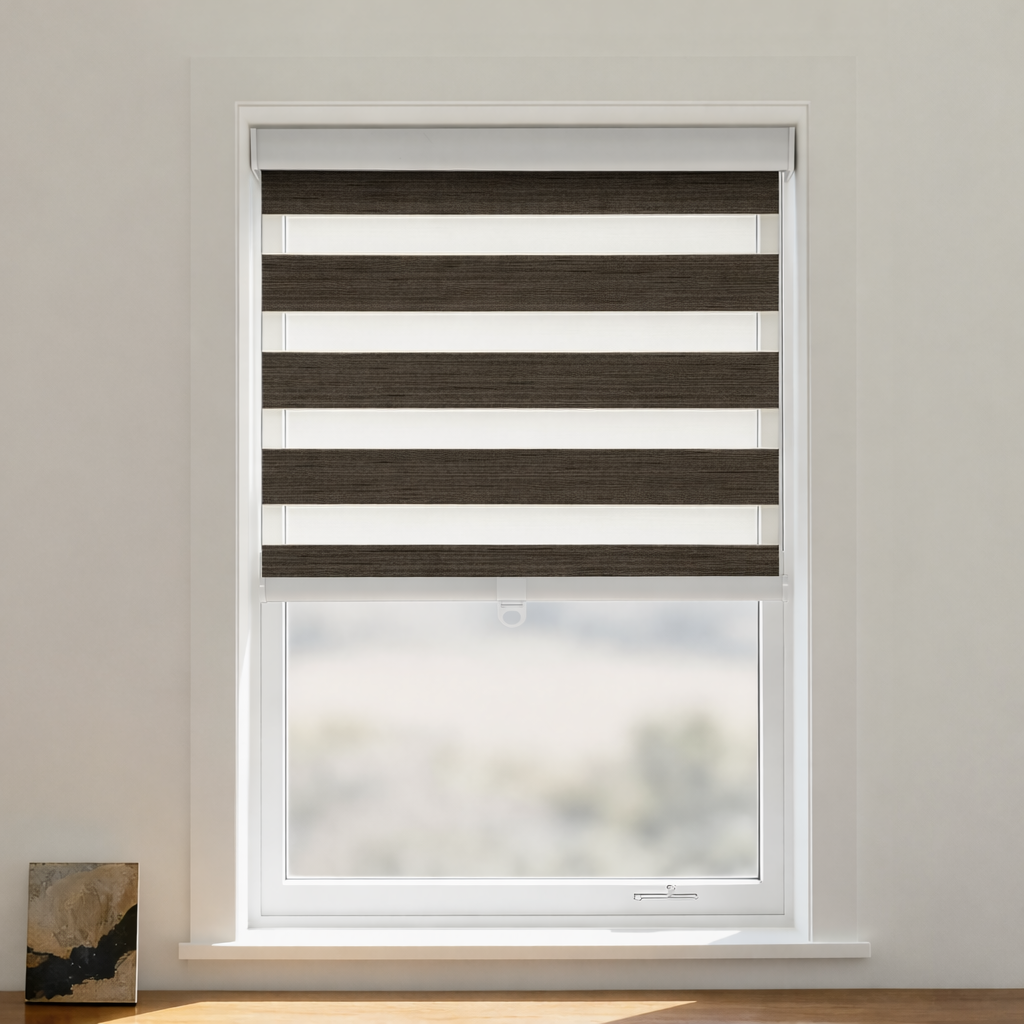 DWCN Official Paola Blackout Zebra Shade Cordless with black and white striped fabric, designed for light control and privacy.