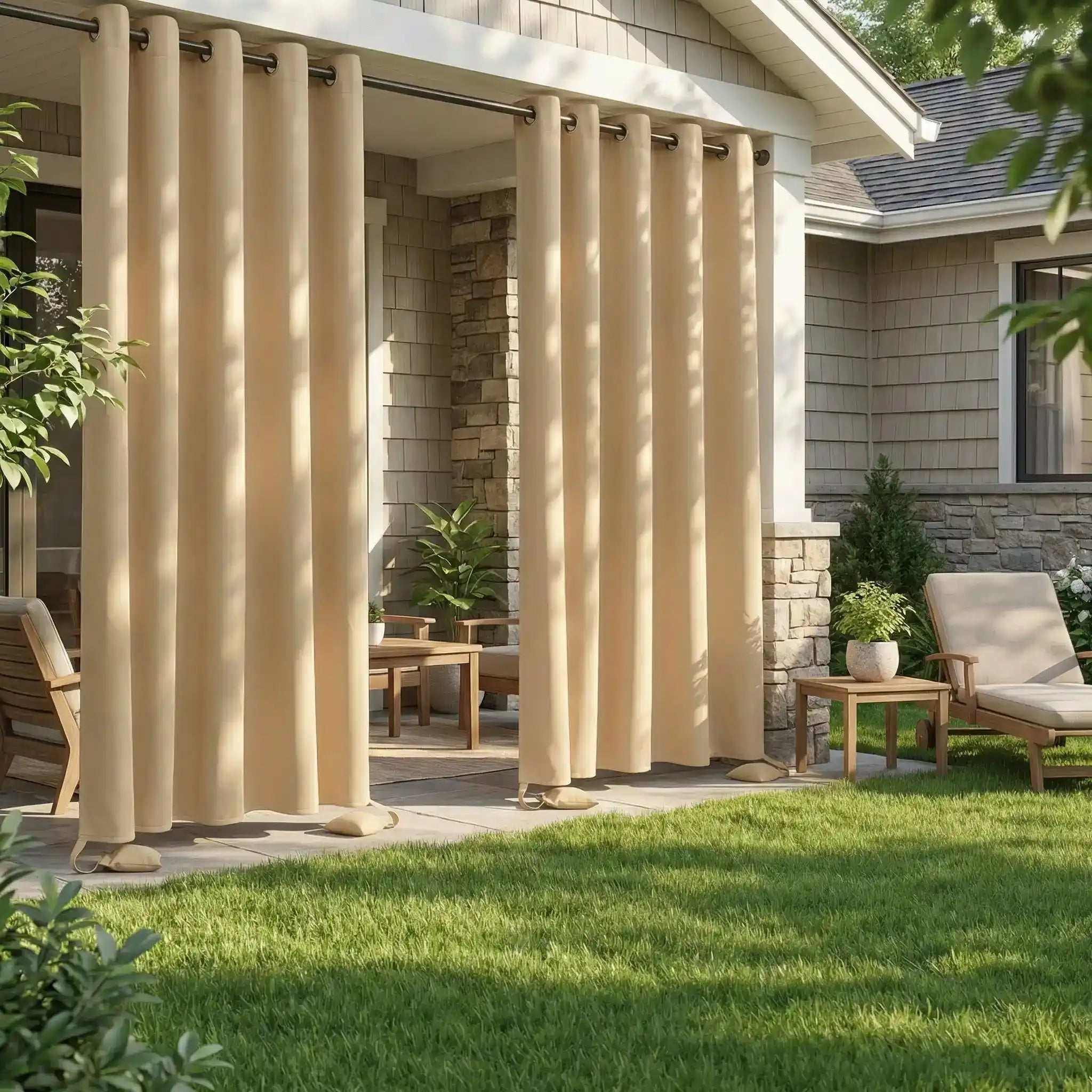 Outdoor curtain with grommet top and weighted bags, windproof and waterproof, by DWCN Official, shown hanging on a patio.